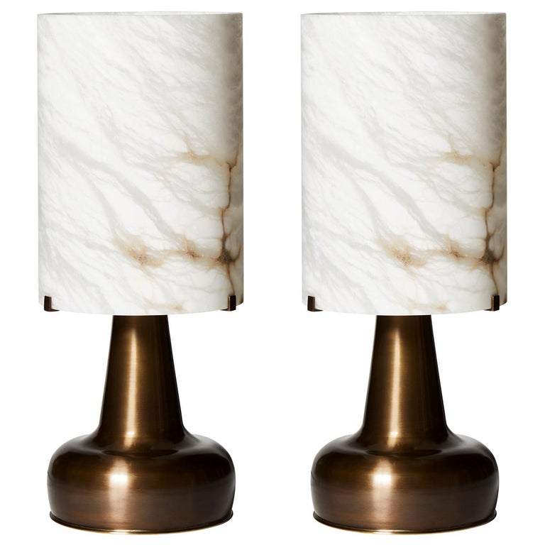 Glustin Luminaires Pear Shaped Brass Table Lamps and Alabaster Shades For Sale