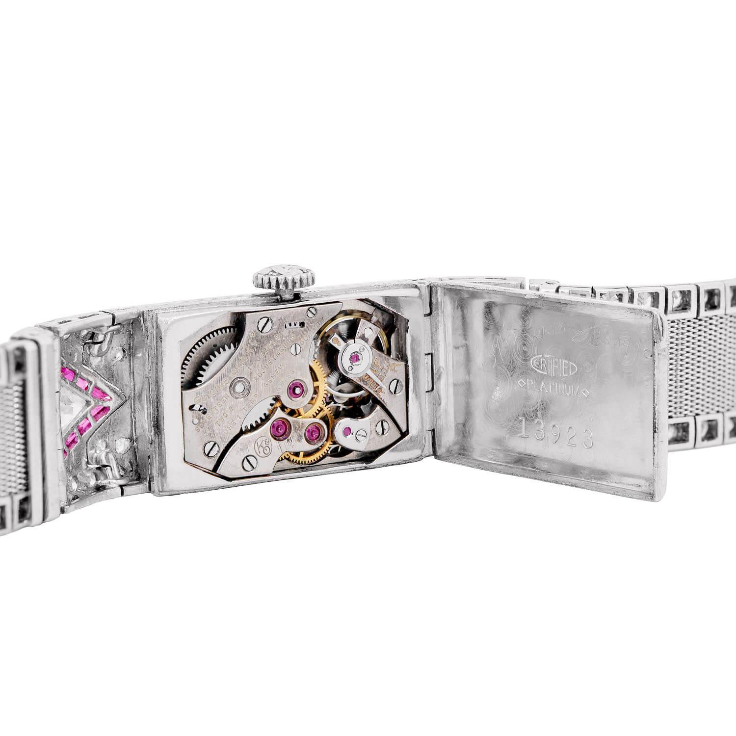GLYCINE Art Deco Platinum Ruby & Diamond Watch 2.50ctw For Sale 4