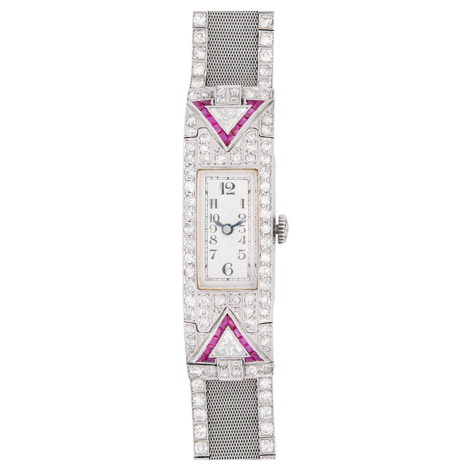 GLYCINE Art Deco Platinum Ruby & Diamond Watch 2.50ctw For Sale