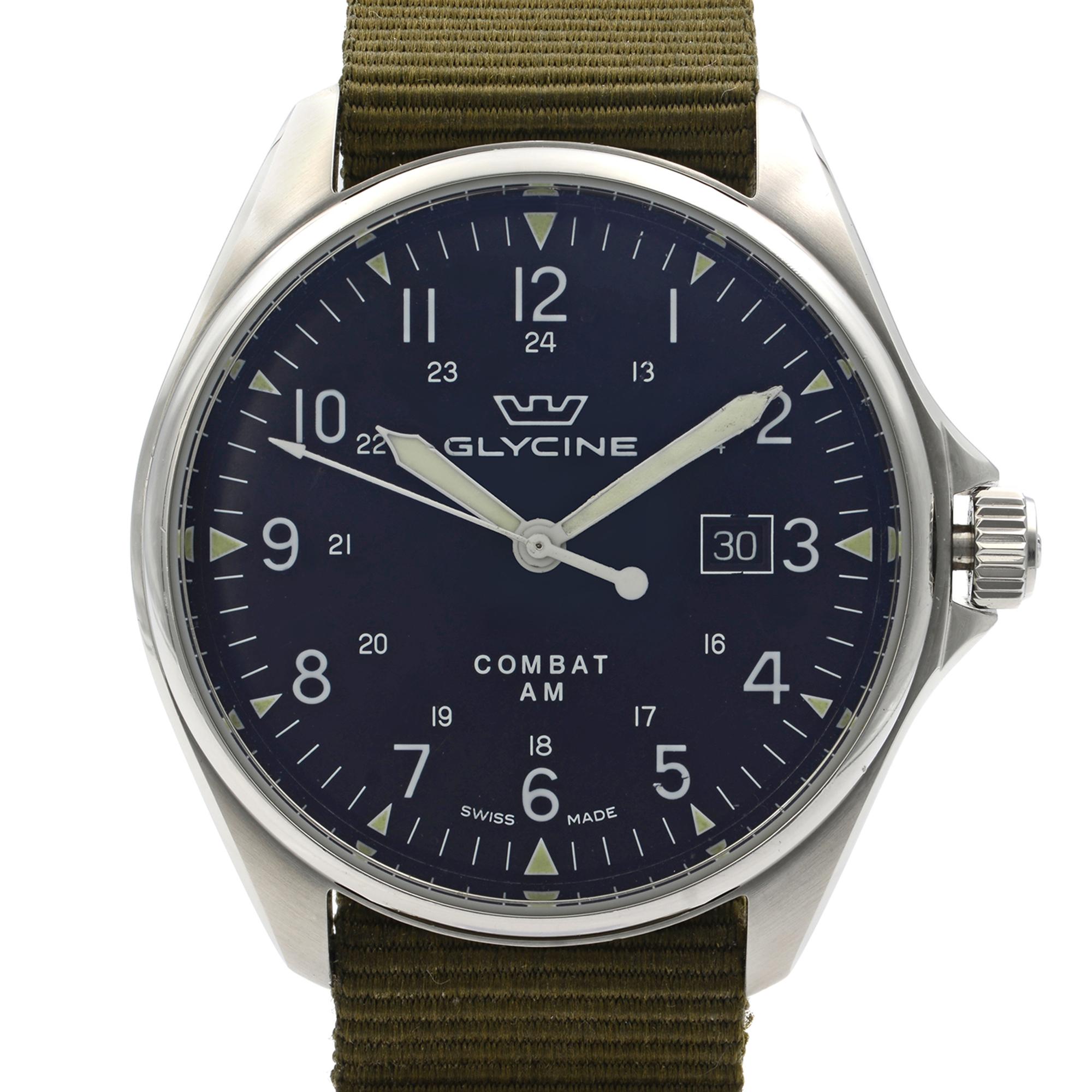 This watch is preowned with some damages on dial and hands visible only under direct light as visible on pics. Comes without manufacturers box and papers. 
Details:
MSRP 1250
Model Number GL0122
Brand Glycine
Department Men
Style Military
Model