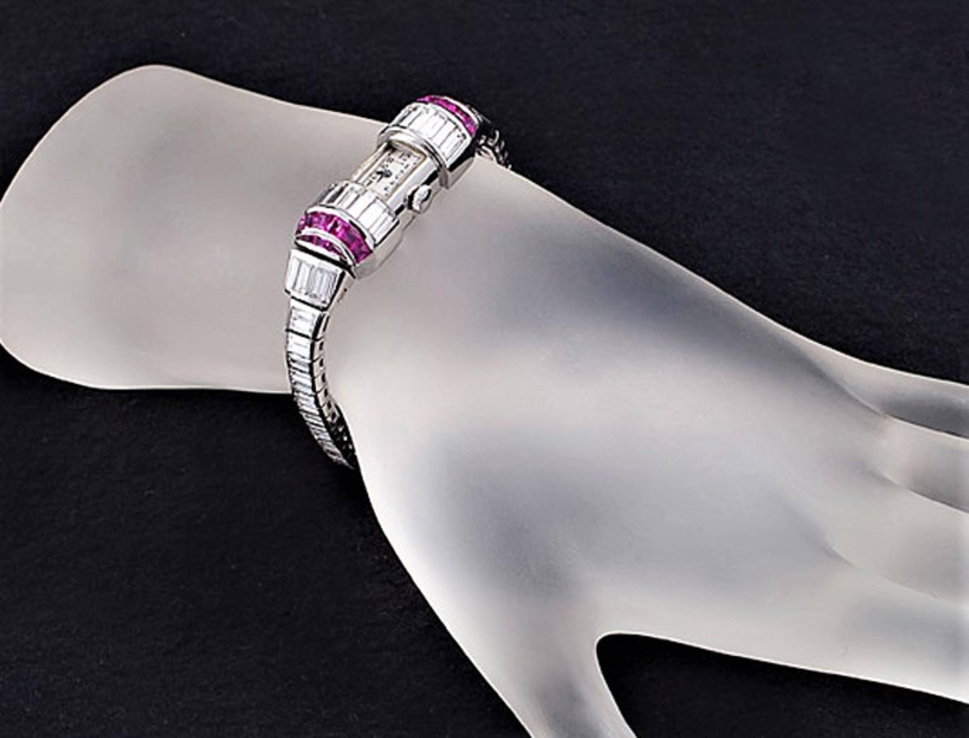Women's Glycine Ladies Platinum Diamond Ruby Art Deco Wristwatch For Sale
