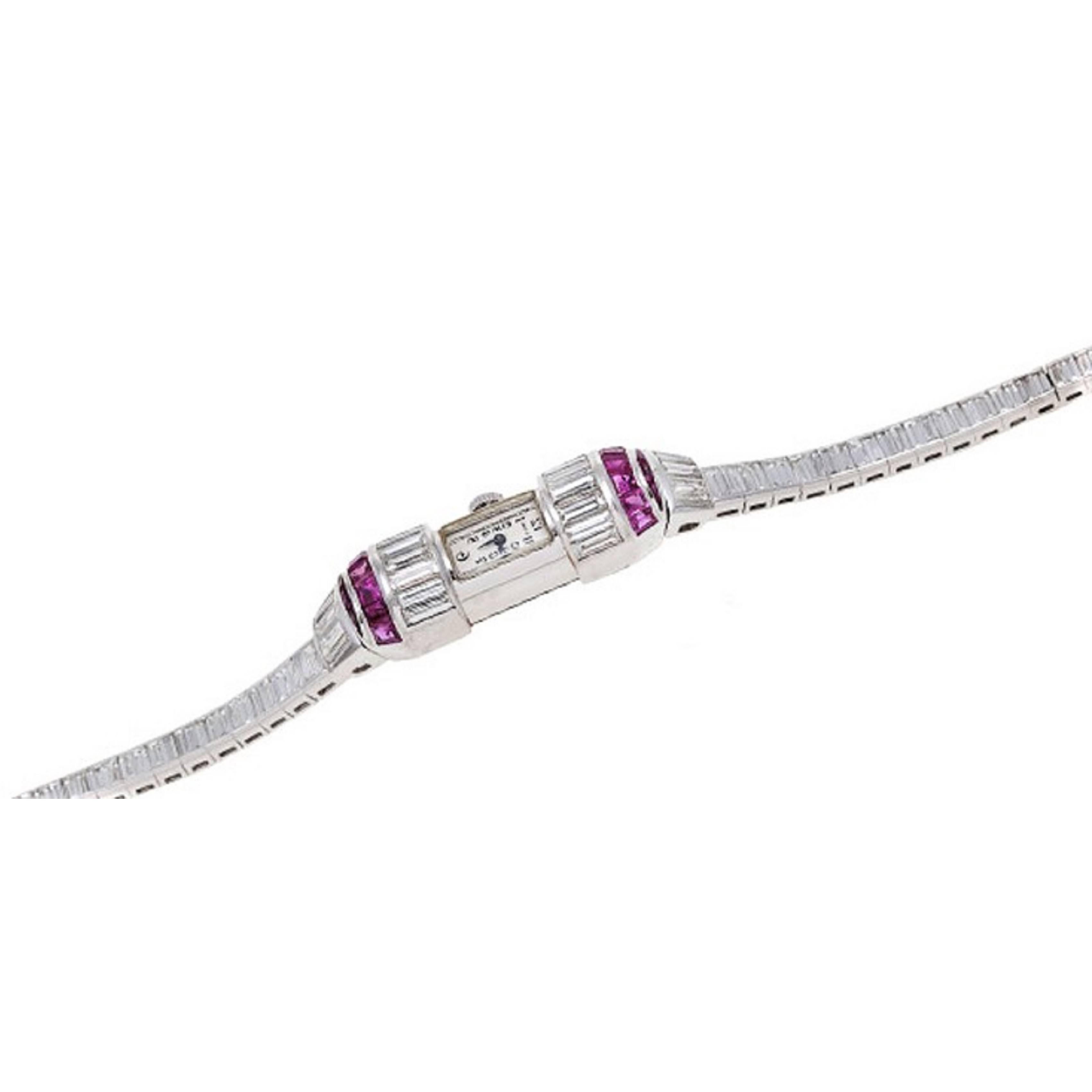 Glycine Ladies Platinum Diamond Ruby Art Deco Wristwatch For Sale