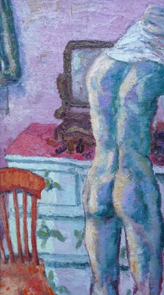 Garçon s'habillant - peinture à l'huile galloise post-impressionniste de 1949, nu dans un intérieur