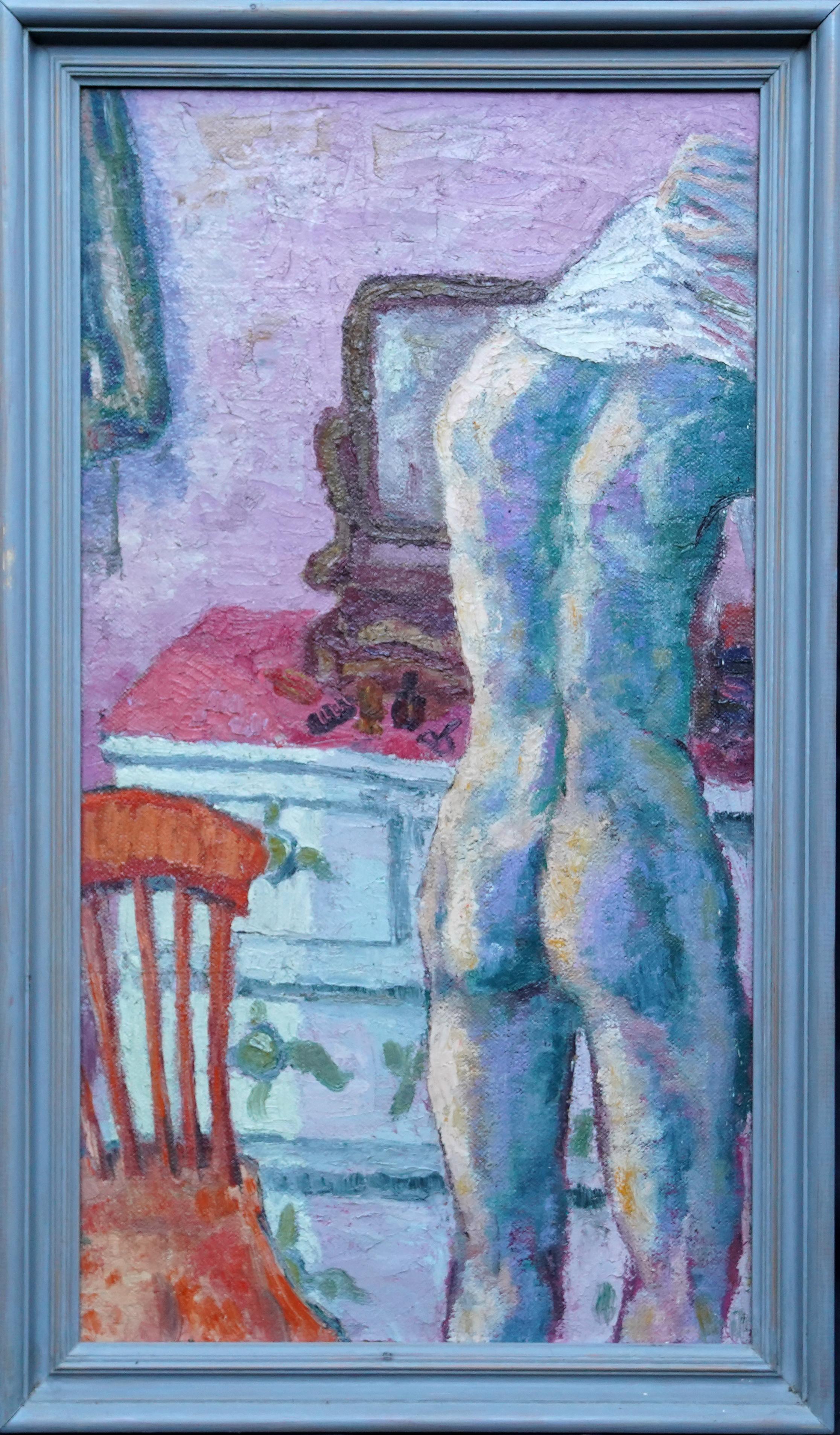 Glyn Morgan Interior Painting – Boy Dressing - Welsh Post Impressionist 1949 art oil painting nude in interior