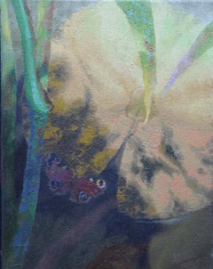 Butterfly and Yellow Flower - Welsh Post Impressionist 70's art oil painting