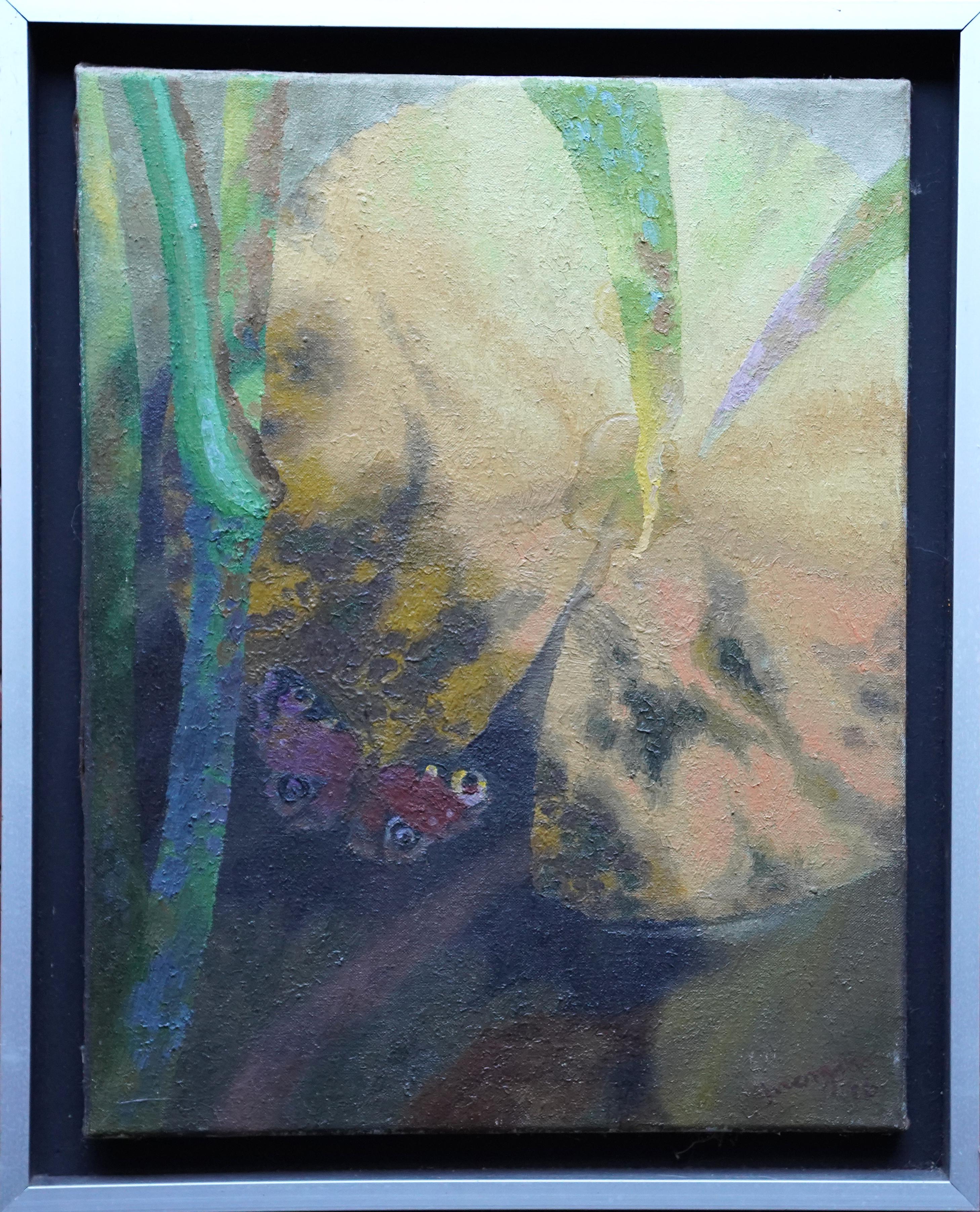 Glyn Morgan Still-Life Painting - Butterfly and Yellow Flower - Welsh Post Impressionist 70
s art oil painting