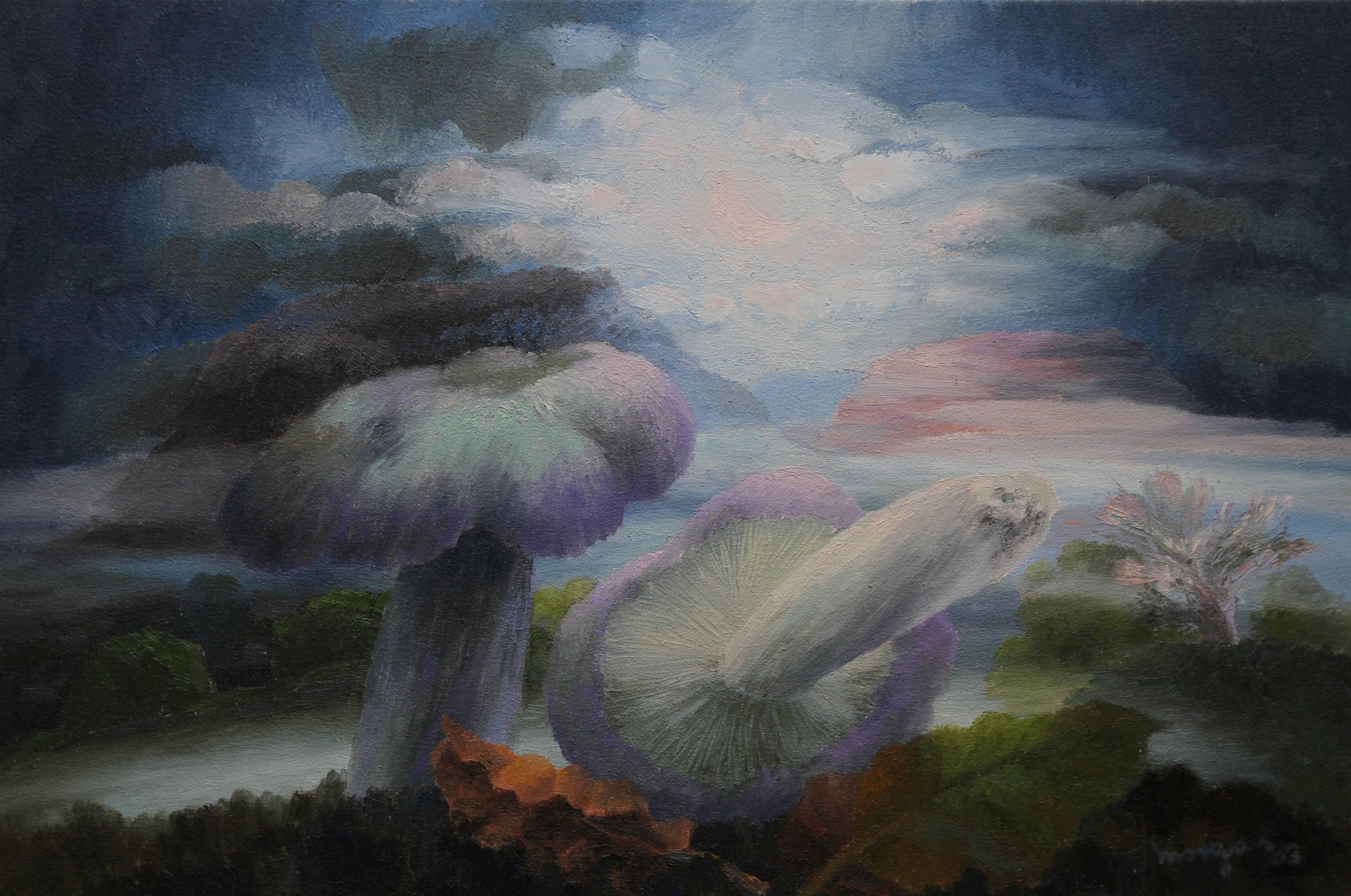 Glyn Morgan Still-Life Painting - Landscape with Mushrooms II - Welsh art Abstract 1990 oil painting trees sky