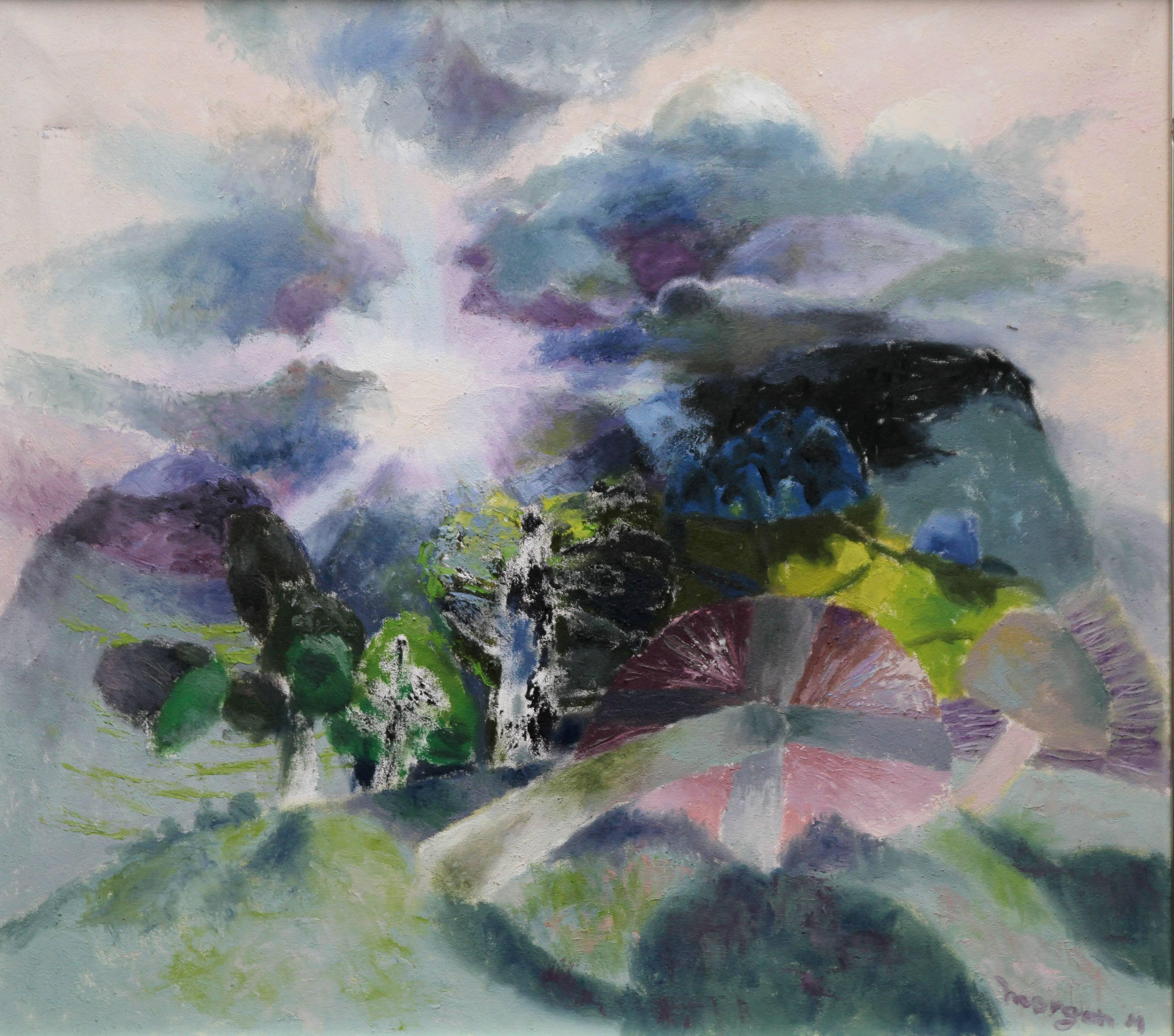 Glyn Morgan Abstract Painting - Landscape with Mushrooms - Welsh art Abstract 1985 oil painting field nature