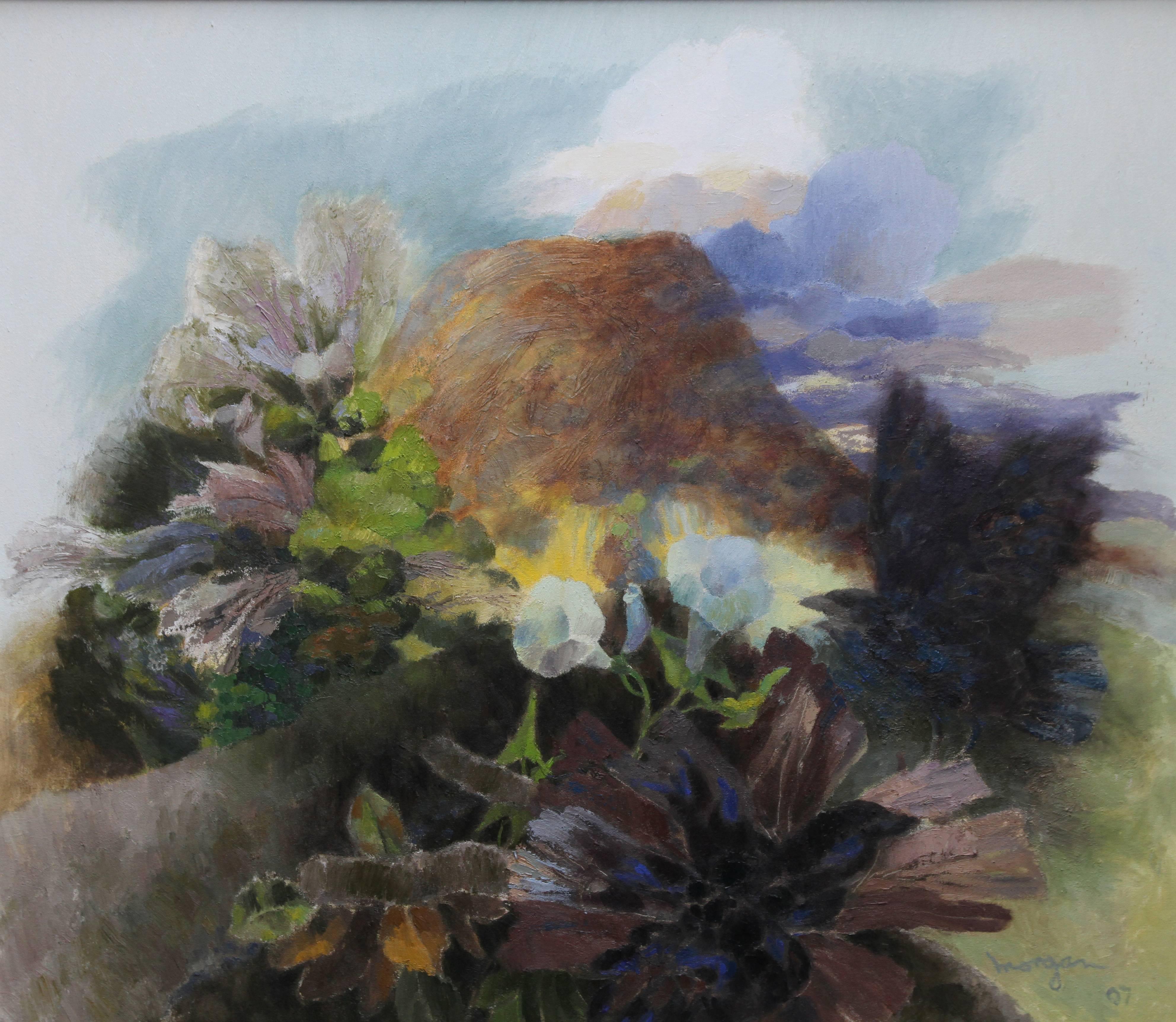 Landscape Painting Glyn Morgan - Paysage avec oiseaux gigognes - Peinture à l'huile abstraite galloise - Paysage de campagne