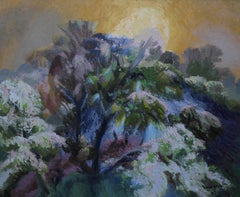 Paysage avec lune en relief - Peinture à l'huile abstraite galloise d'arbres violets nocturnes