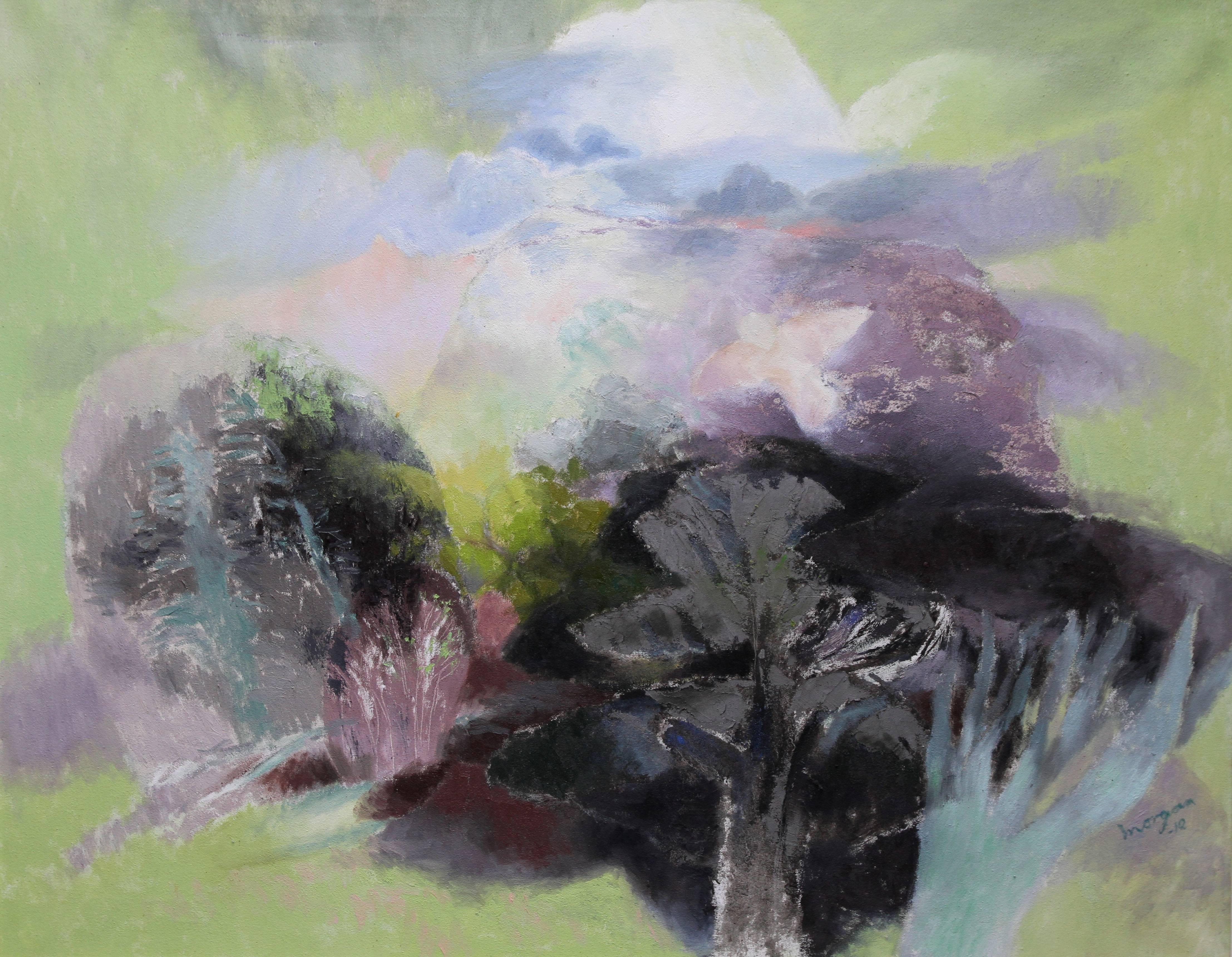 Landscape Painting Glyn Morgan - Paysage avec oiseau blanc - Peinture à l'huile abstraite galloise des années 1950 - nature 