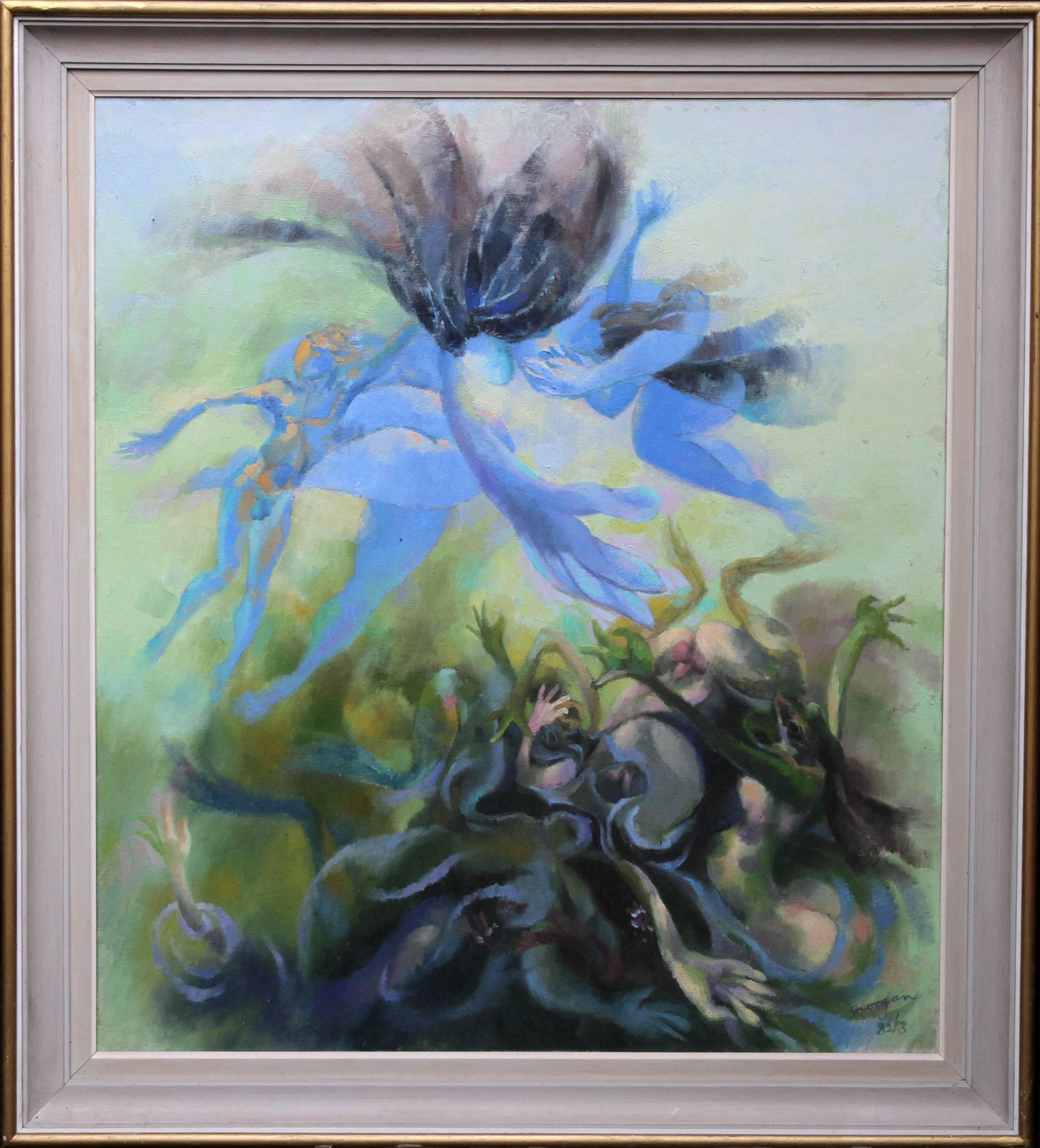 Landscape Painting Glyn Morgan - Leto Cursing The Lycians - Peinture à l'huile abstraite galloise de la mythologie grecque en bleu