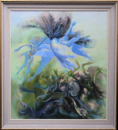 Leto Cursing The Lycians - Peinture à l'huile abstraite galloise de la mythologie grecque en bleu