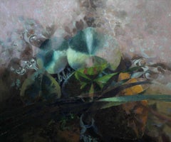 Lily Pond - Art abstrait gallois 1990 - peinture à l'huile - lys de nature vert eau