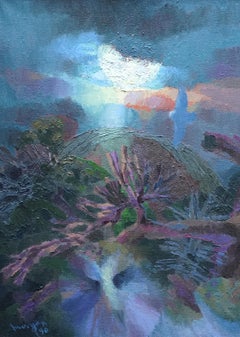 Owls in Landscape - Welsh Post Impressionist art oil painting birds