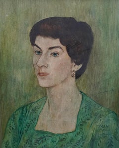 Portrait d'une dame en vert - peinture à l'huile post-impressionniste galloise des années 50
