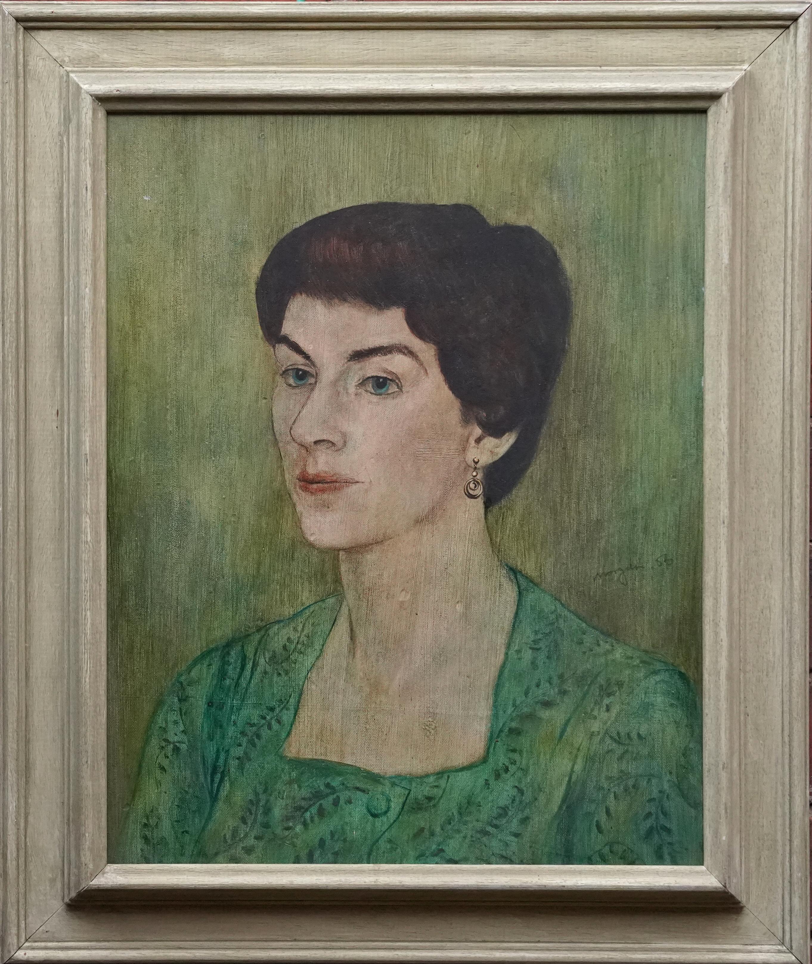 Glyn Morgan Portrait Painting - Portrait of Lady in Green - Welsh Post Impressionist 50s art oil painting