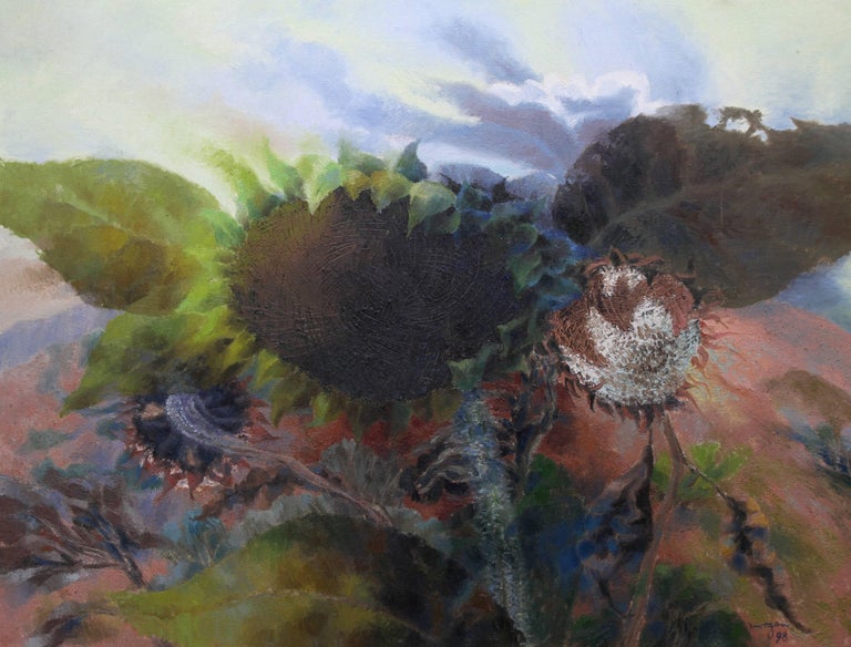 Glyn Morgan Sunflower Heads In A Landscape Welsh Abstract Art