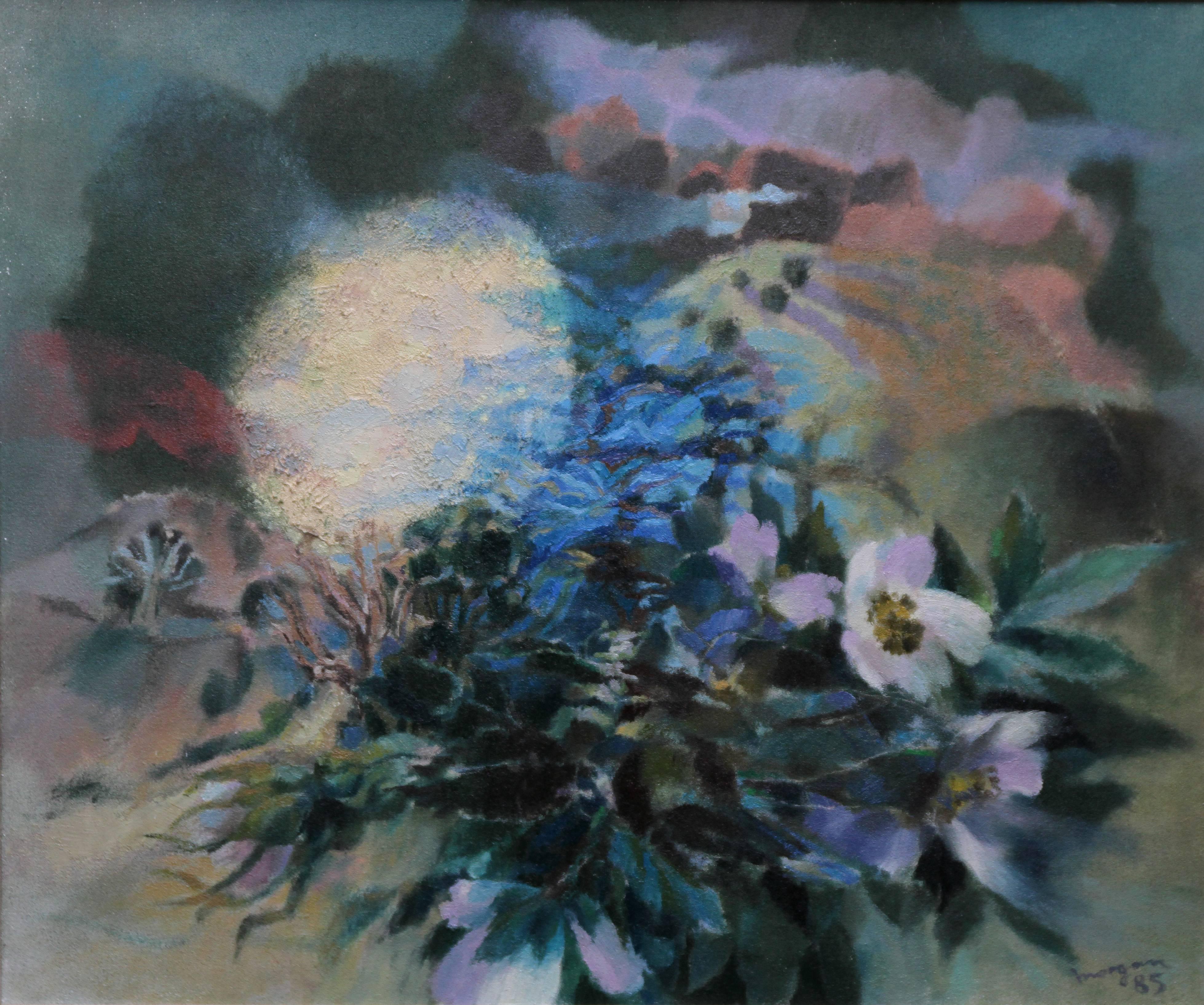 Landscape Painting Glyn Morgan - Paysage gallois - Nightingale - peinture à l'huile abstraite, fleurs et oiseaux de lune