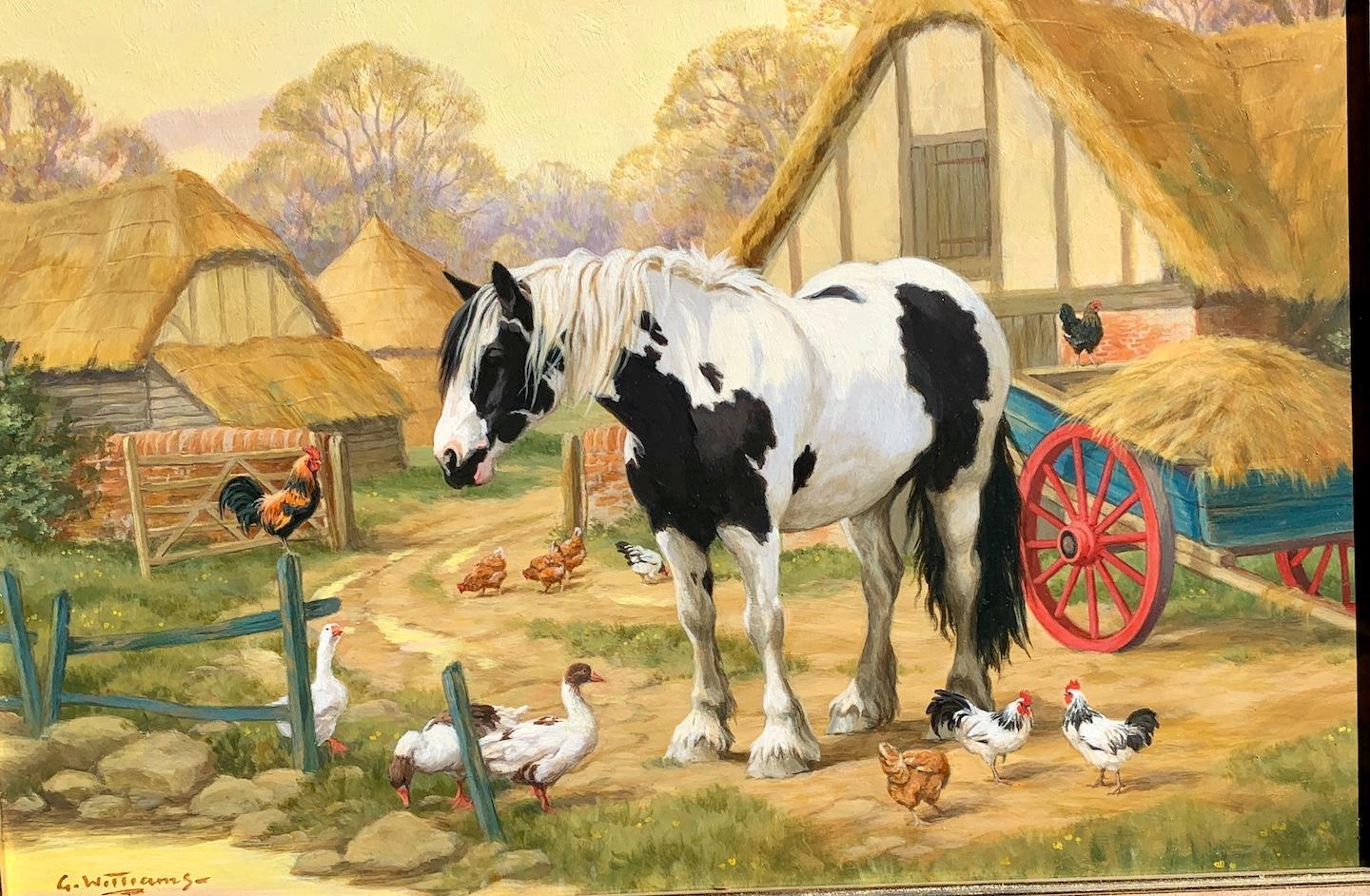 Scène de ferme anglaise avec un cheval de ferme, des poulets, des canards et un chalet perché - Painting de Glynn Williams