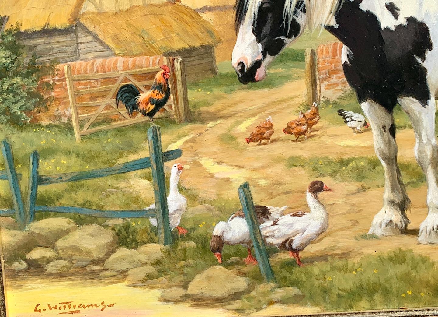 Scène de ferme anglaise avec un cheval de ferme, des poulets, des canards et un chalet perché - Réalisme Painting par Glynn Williams