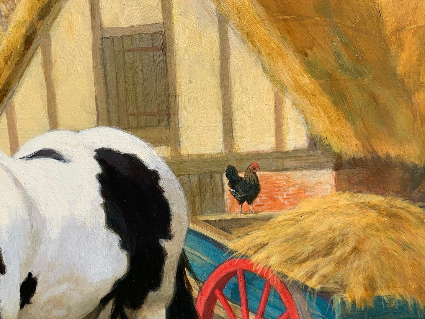 English Farm scene with a Shire horse, chickens, ducks and thatched cottage - Realist Painting by Glynn Williams