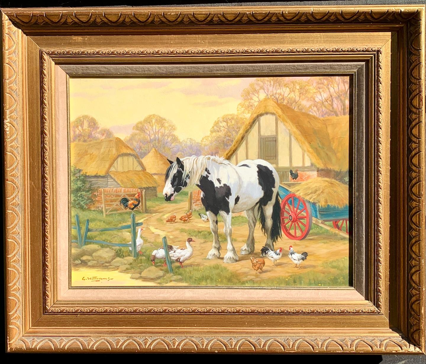 Englische Bauernhofsszene mit einem Shire-Pferd, Hühnern, Enten und einem Bauernhaus