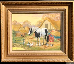 English Farm scene with a Shire horse, chickens, ducks and thatched cottage