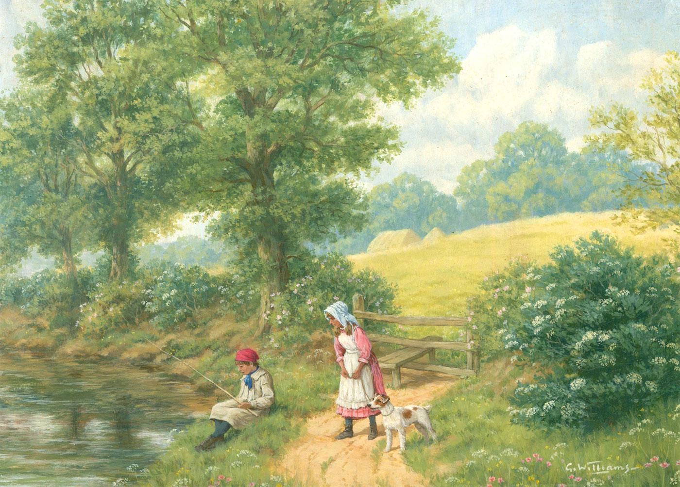 Une scène charmante représentant une jeune fille et un garçon au bord de la rivière. Le garçon lance une canne à pêche dans la rivière, tandis que la fille et son fidèle terrier observent. Signé en bas à droite. Informations biographiques sur