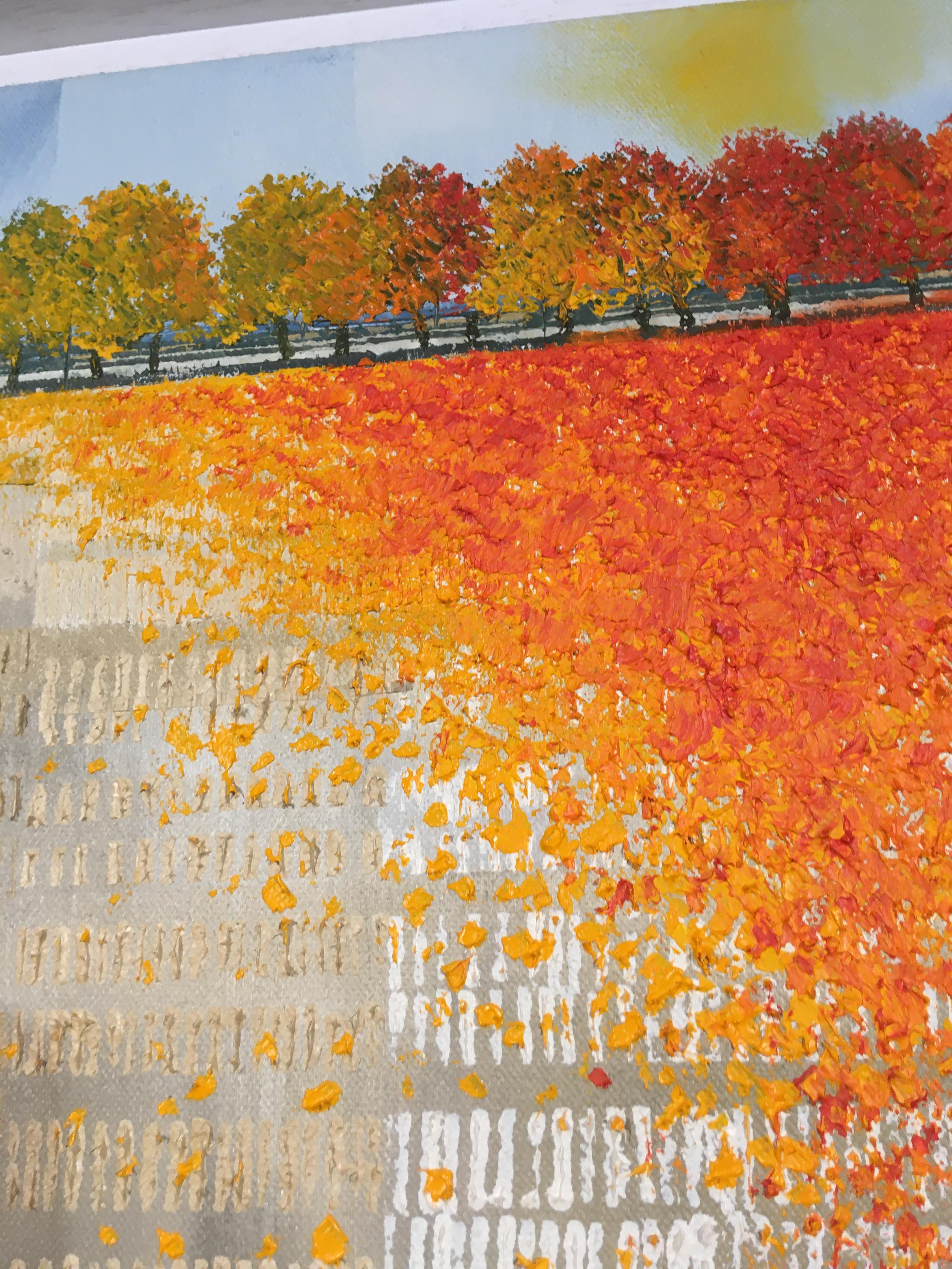Autumn’s Carpet - contemporary landscape horizon fields autumn trees painting - Black Landscape Painting by Glynne James