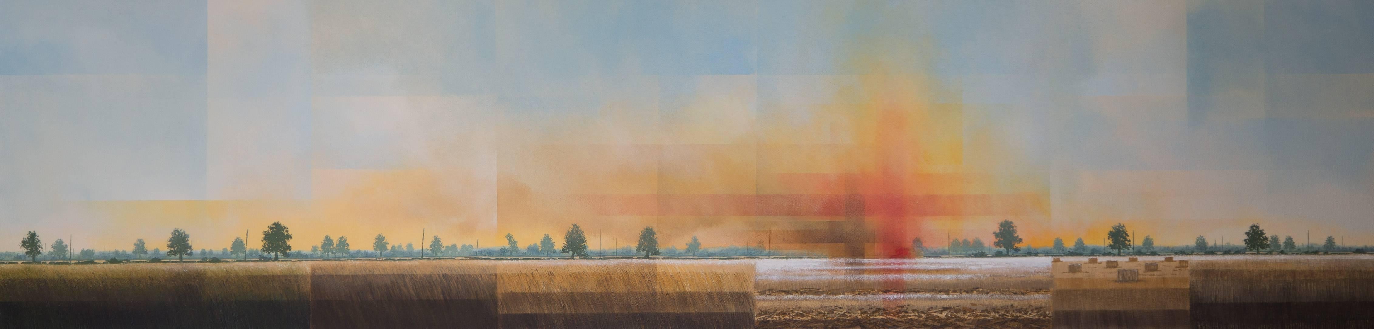 Glynne James Landscape Painting - Combine Sunset -experimental orange landscape painting oil on canvas 