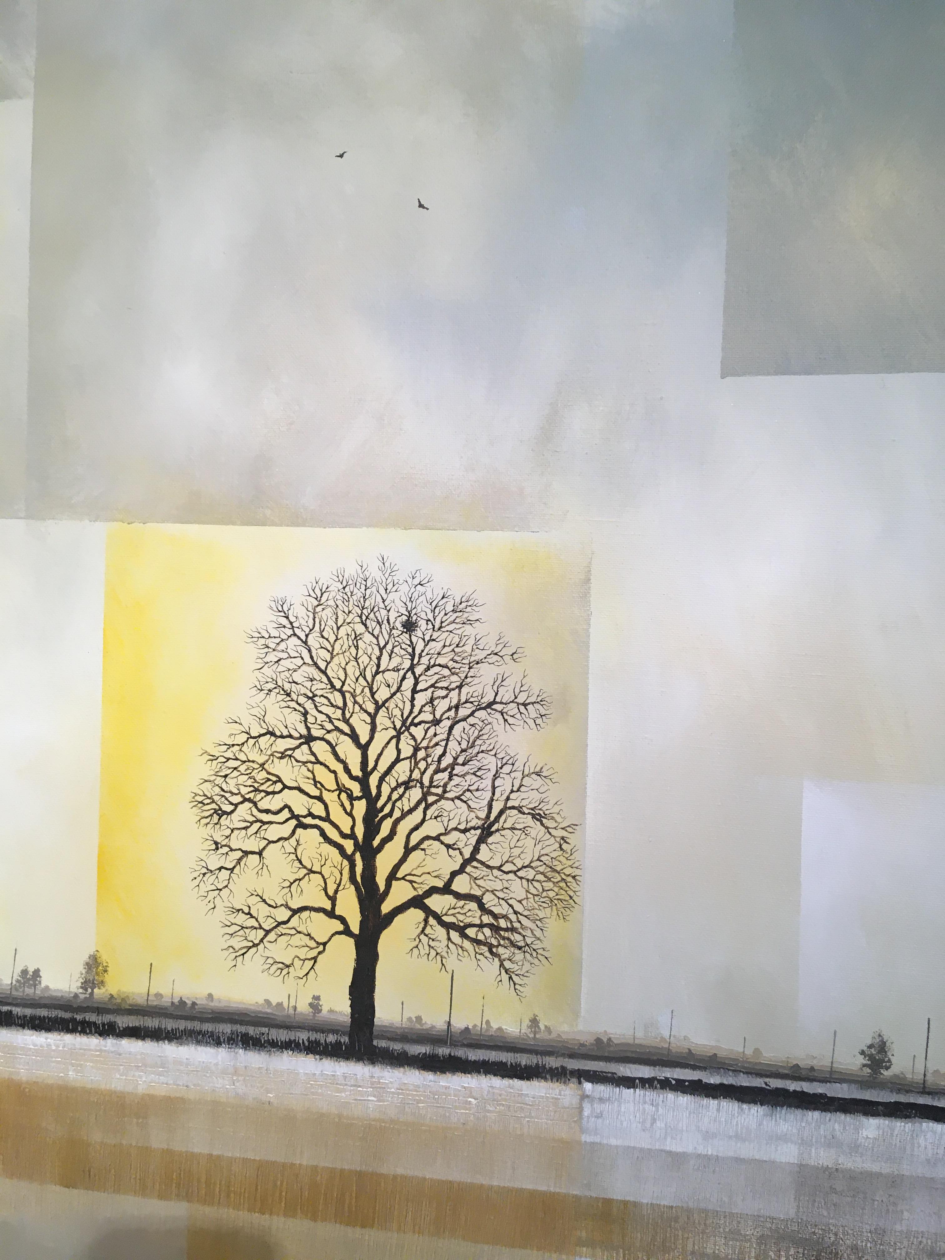 Country Retreat - experimental brown landscape solitaire tree field painting  - Contemporary Painting by Glynne James