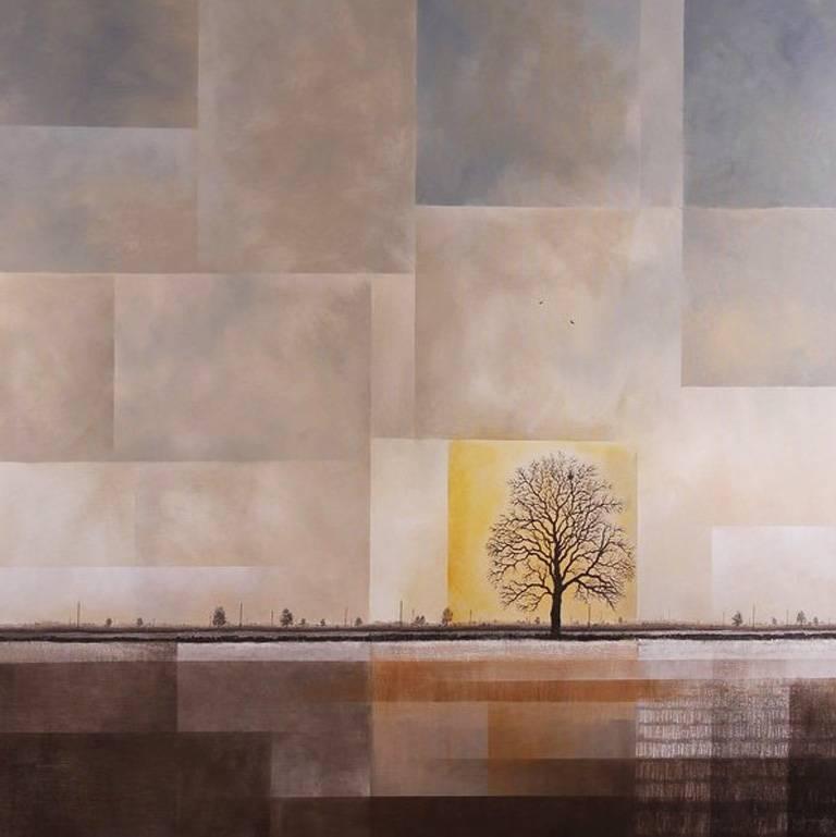 Country Retreat - experimental brown landscape solitaire tree field painting  - Painting by Glynne James