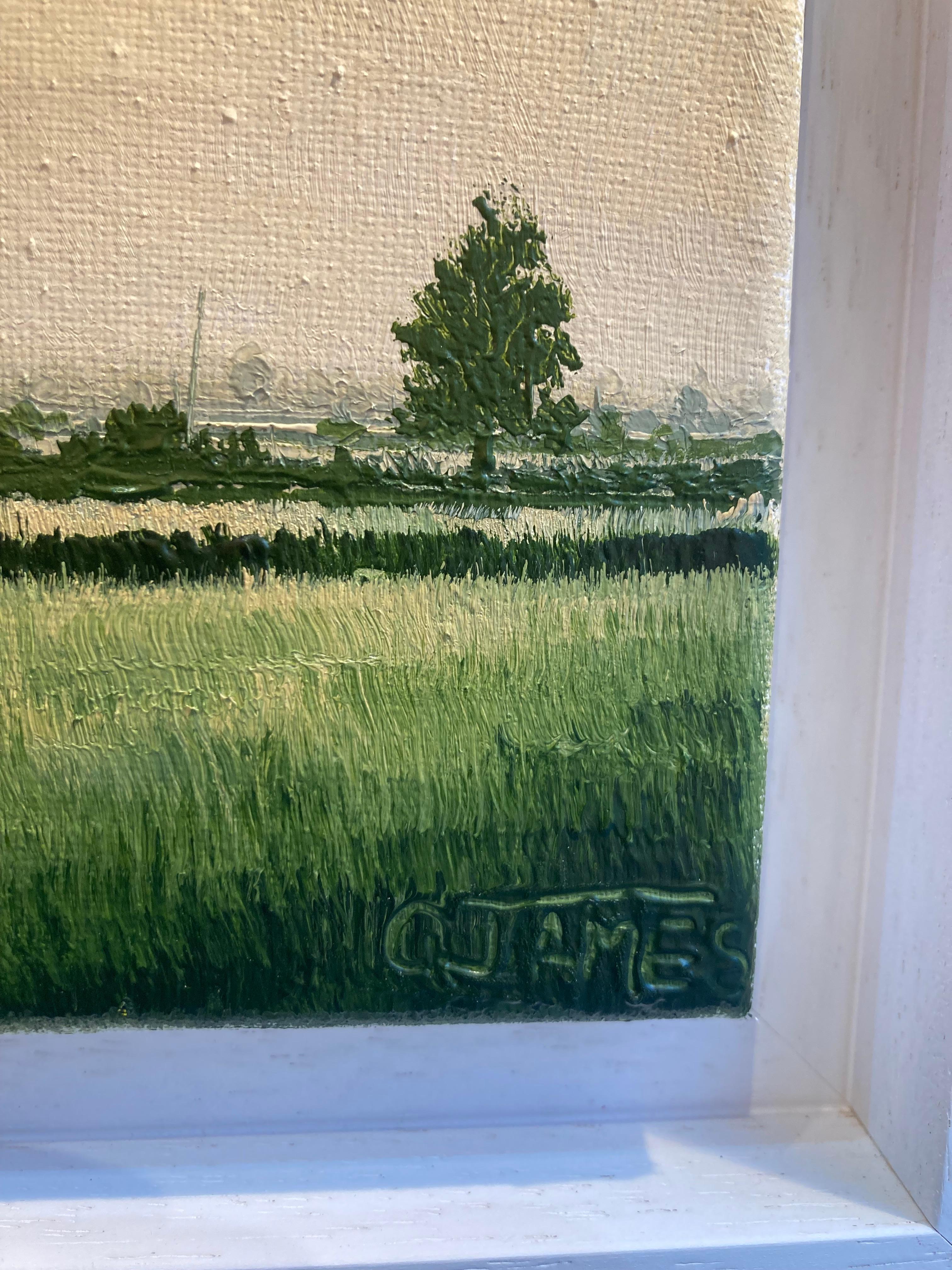 Working with oil paint on canvas of all different shapes and sizes, Glynne James is inspired by the Lincolnshire fenland that he has come to call home.  His unique style is comprised of multiple squares and rectangles, each acting as a ‘window’ to