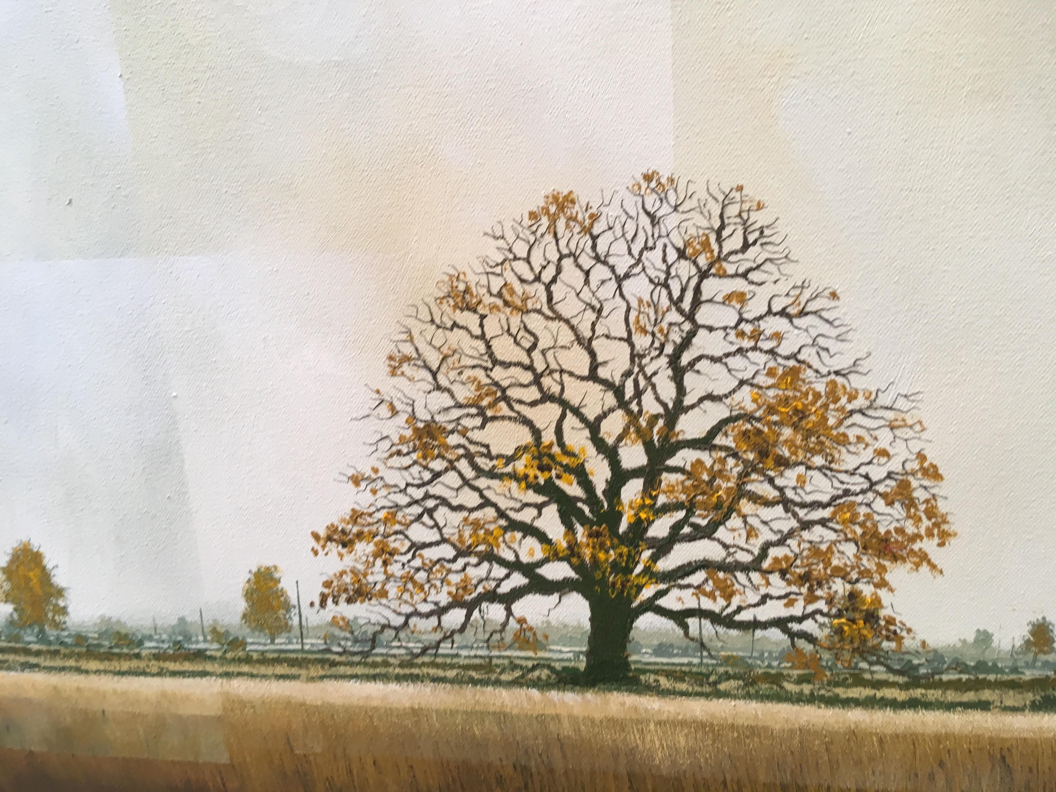 Last Days of Autumn - experimental brown landscape tree field painting - Contemporary Painting by Glynne James