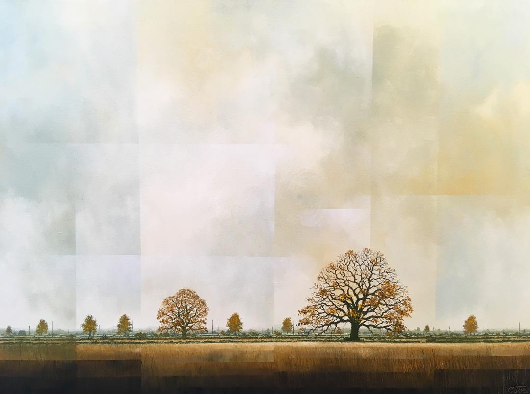 Last Days of Autumn - experimental brown landscape tree field painting - Painting by Glynne James