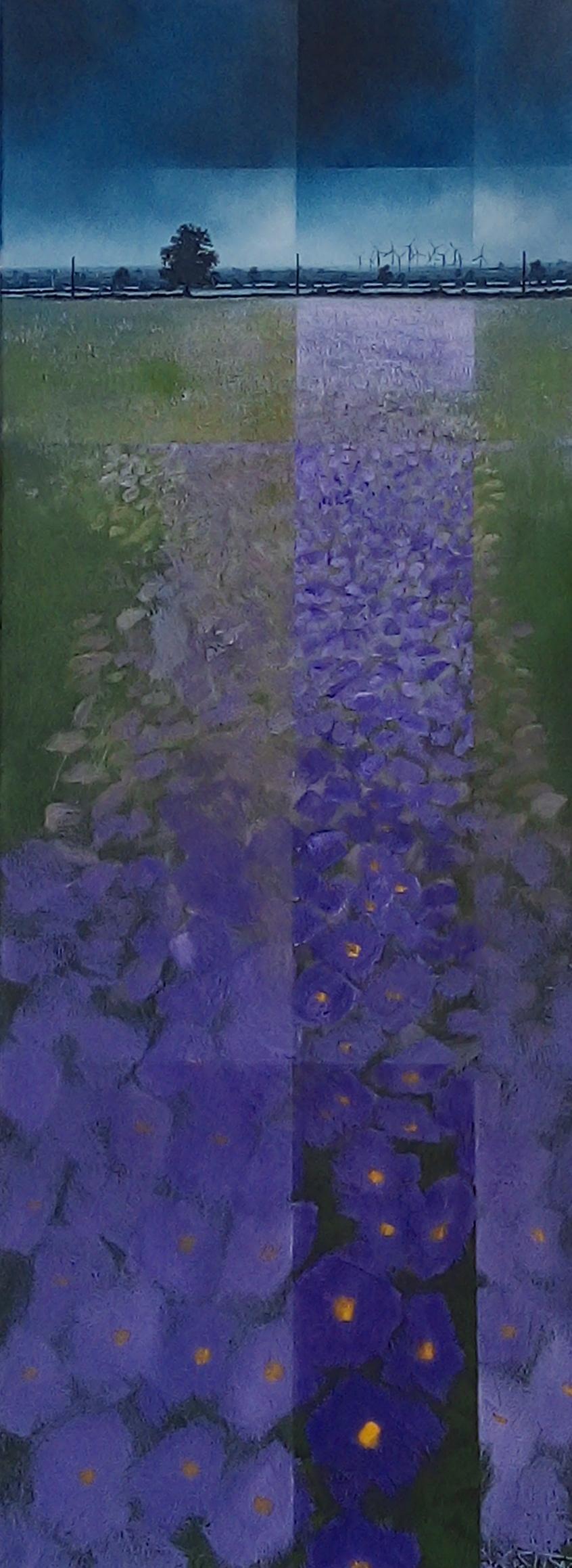 Maris Piper Delight  - contemporary vertical landscape purple oil painting - Painting by Glynne James