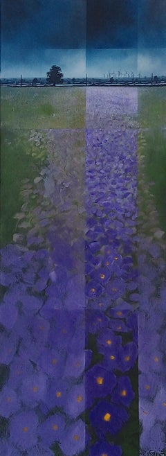 Délice de Maris Piper - paysage vertical contemporain peinture à l'huile violette
