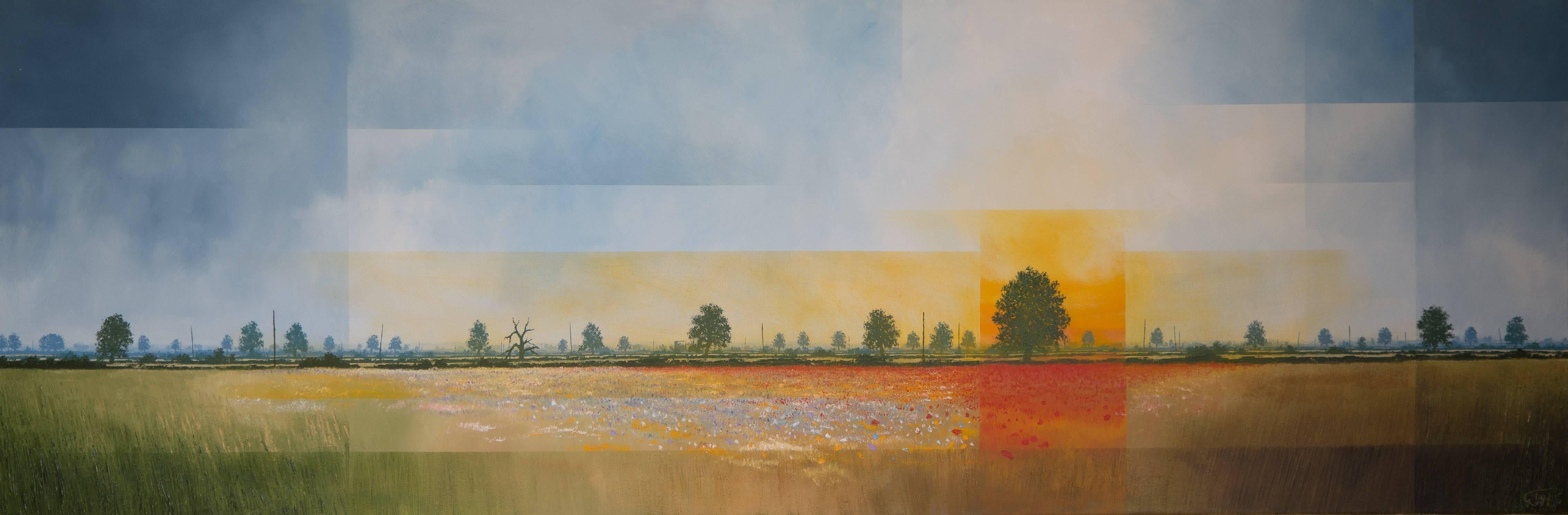 This Beautiful Land - experimental orange landscape painting oil canvas  - Painting by Glynne James