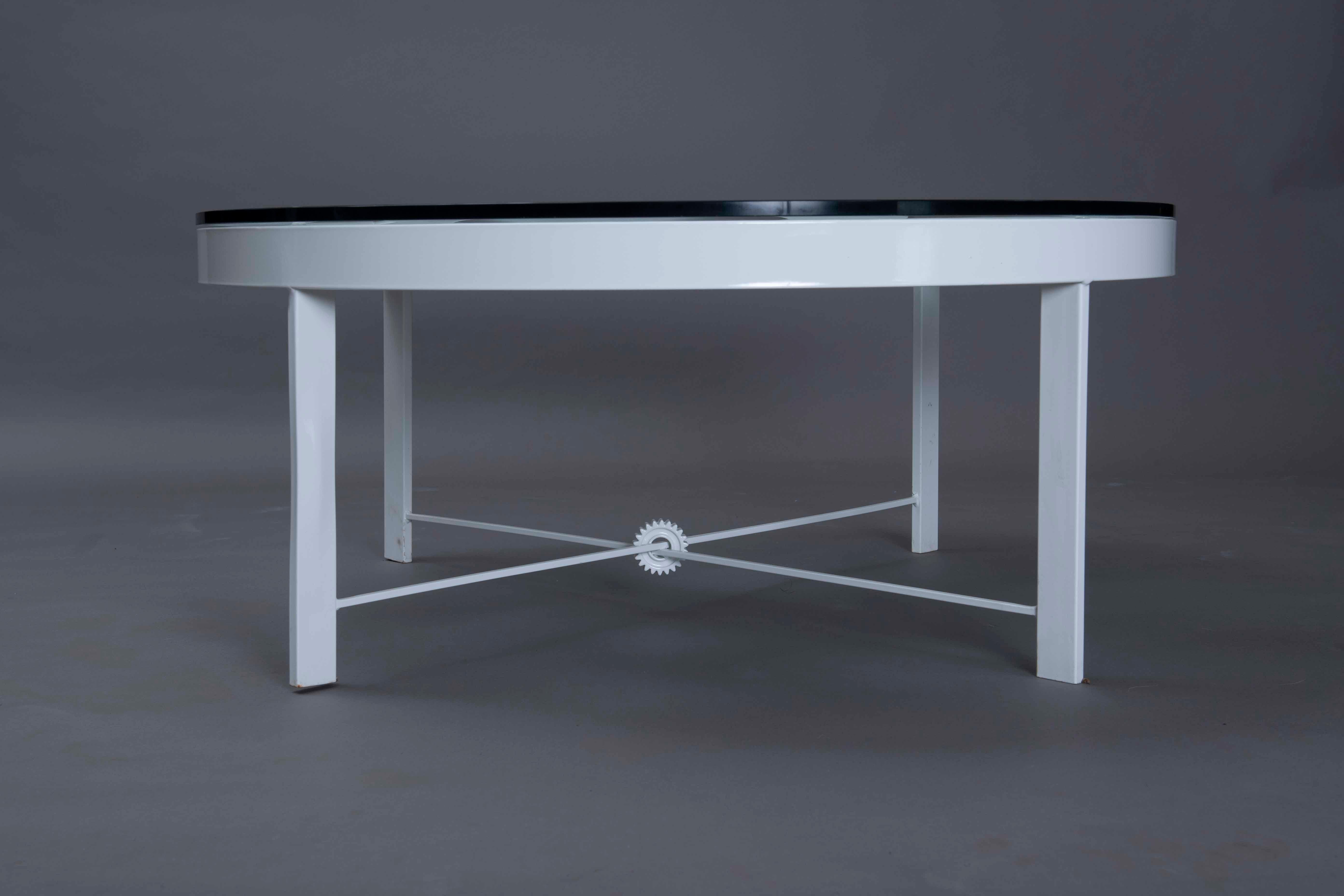 American Modern Welded Metal And Glass Minimal Round White One Of A Kind Coffee Table For Sale