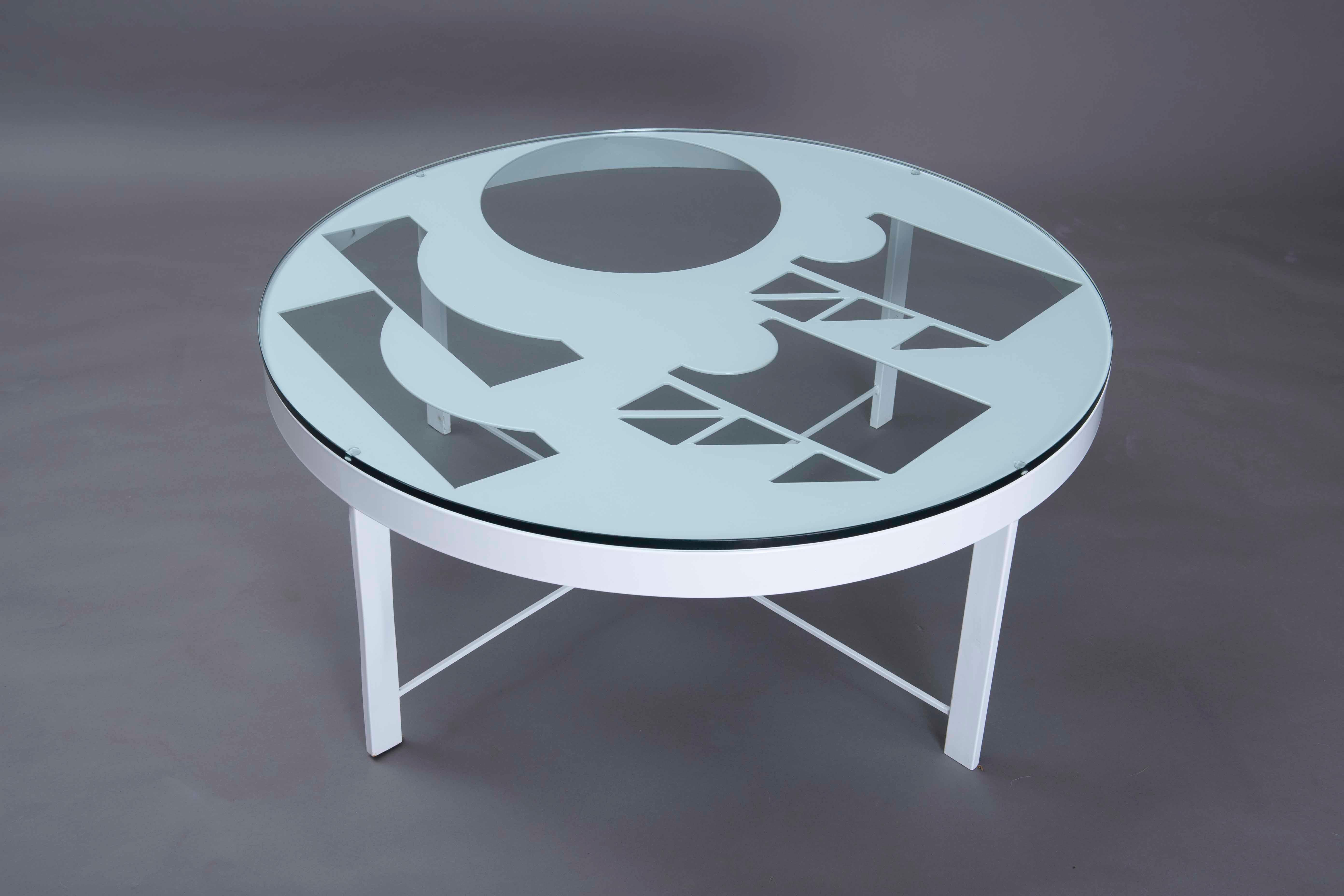 Modern Welded Metal And Glass Minimal Round White One Of A Kind Coffee Table In Excellent Condition For Sale In East Hampton, NY