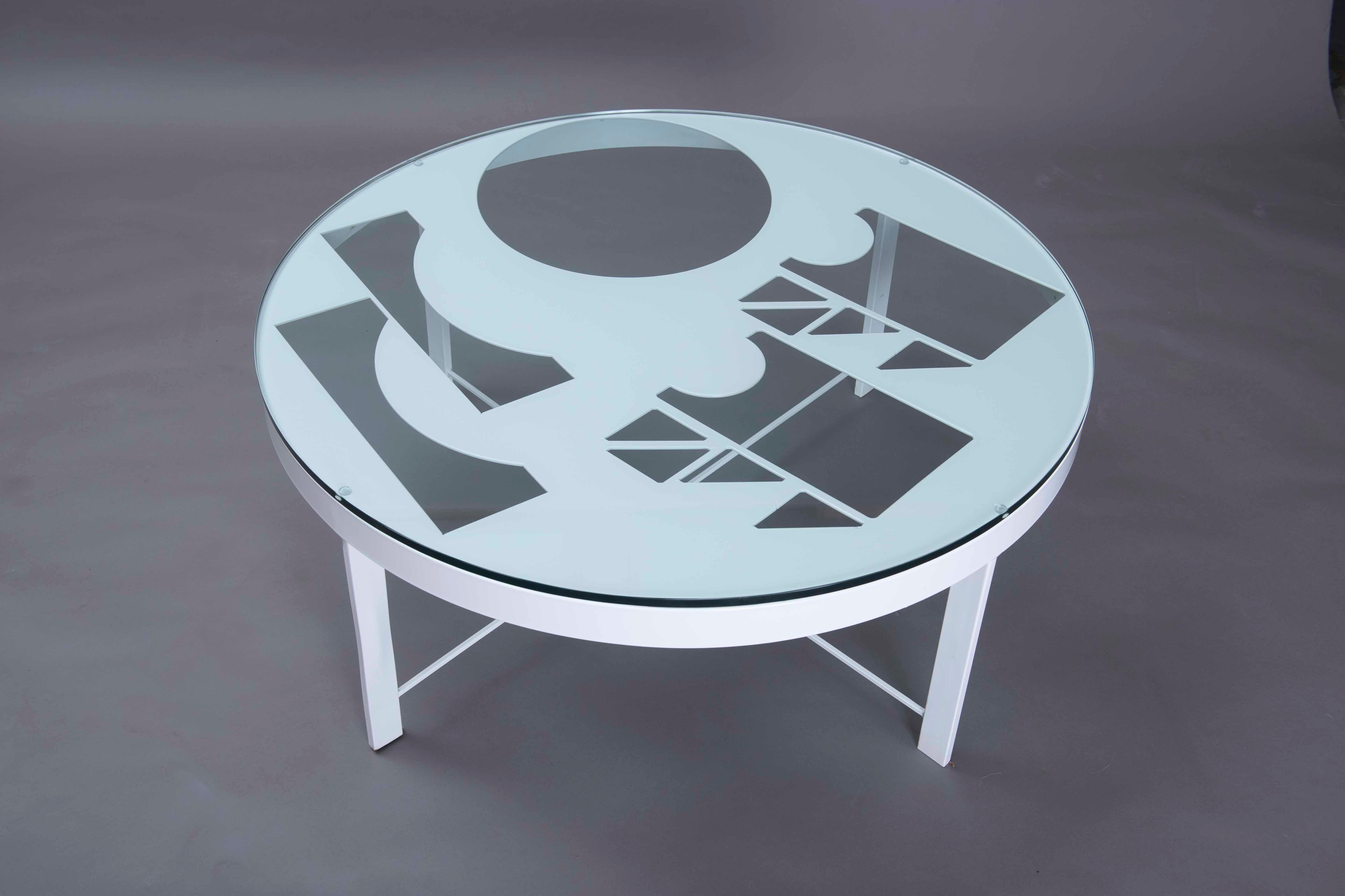 Contemporary Modern Welded Metal And Glass Minimal Round White One Of A Kind Coffee Table For Sale