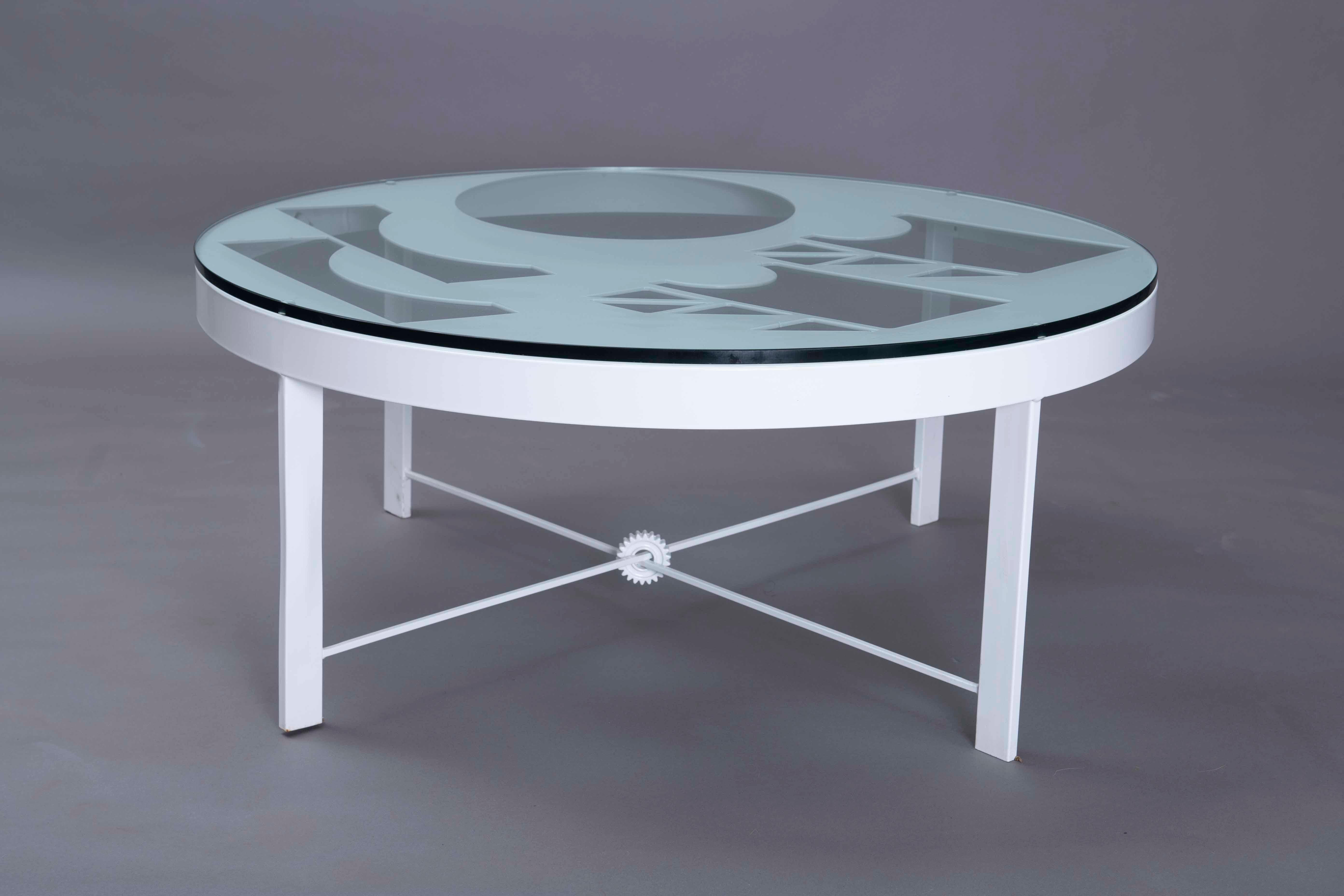 Steel Modern Welded Metal And Glass Minimal Round White One Of A Kind Coffee Table For Sale