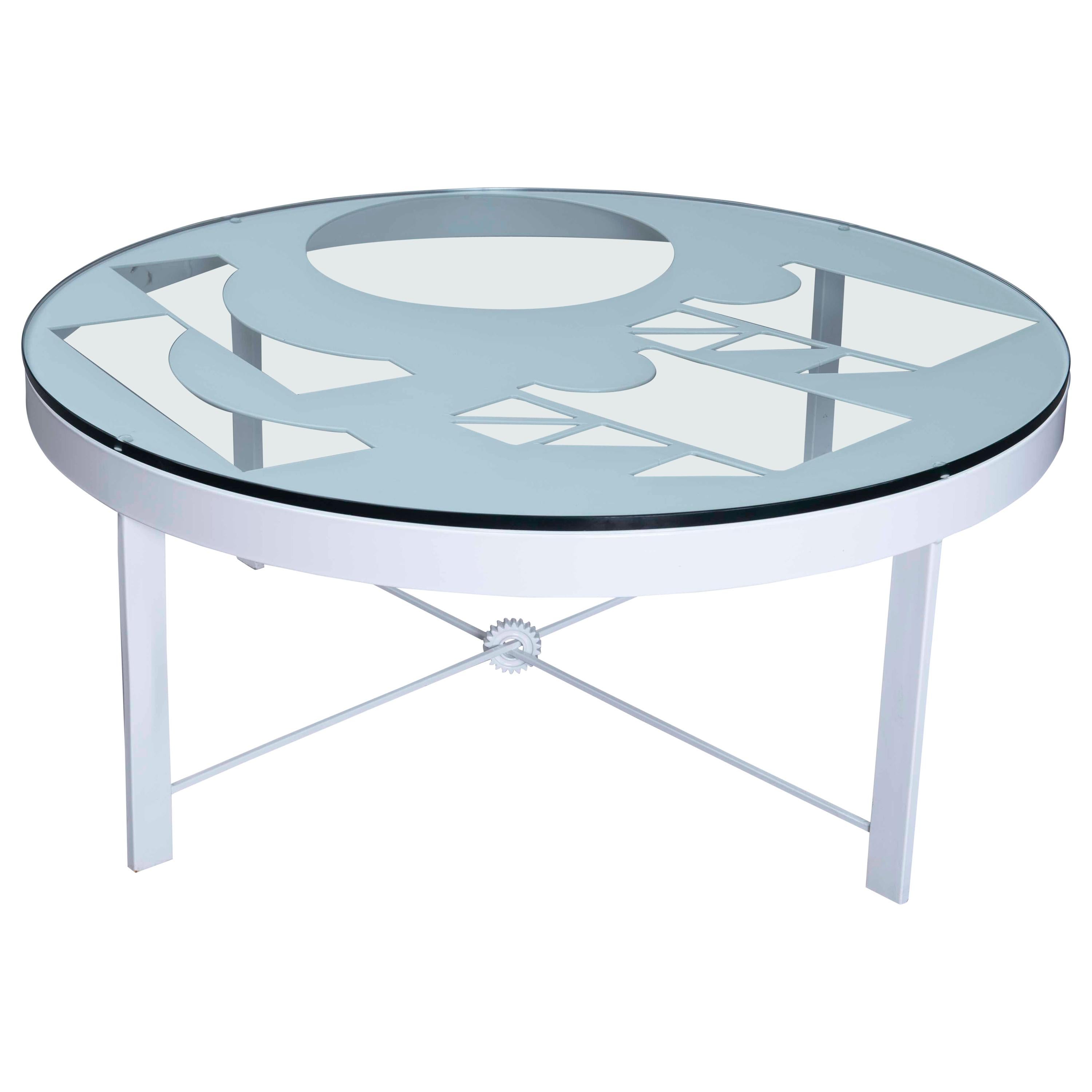 Table basse moderne ronde et minimaliste en métal soudé et verre blanc, unique en son genre