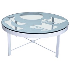Modern Welded Metal And Glass Minimal Round White One Of A Kind Coffee Table