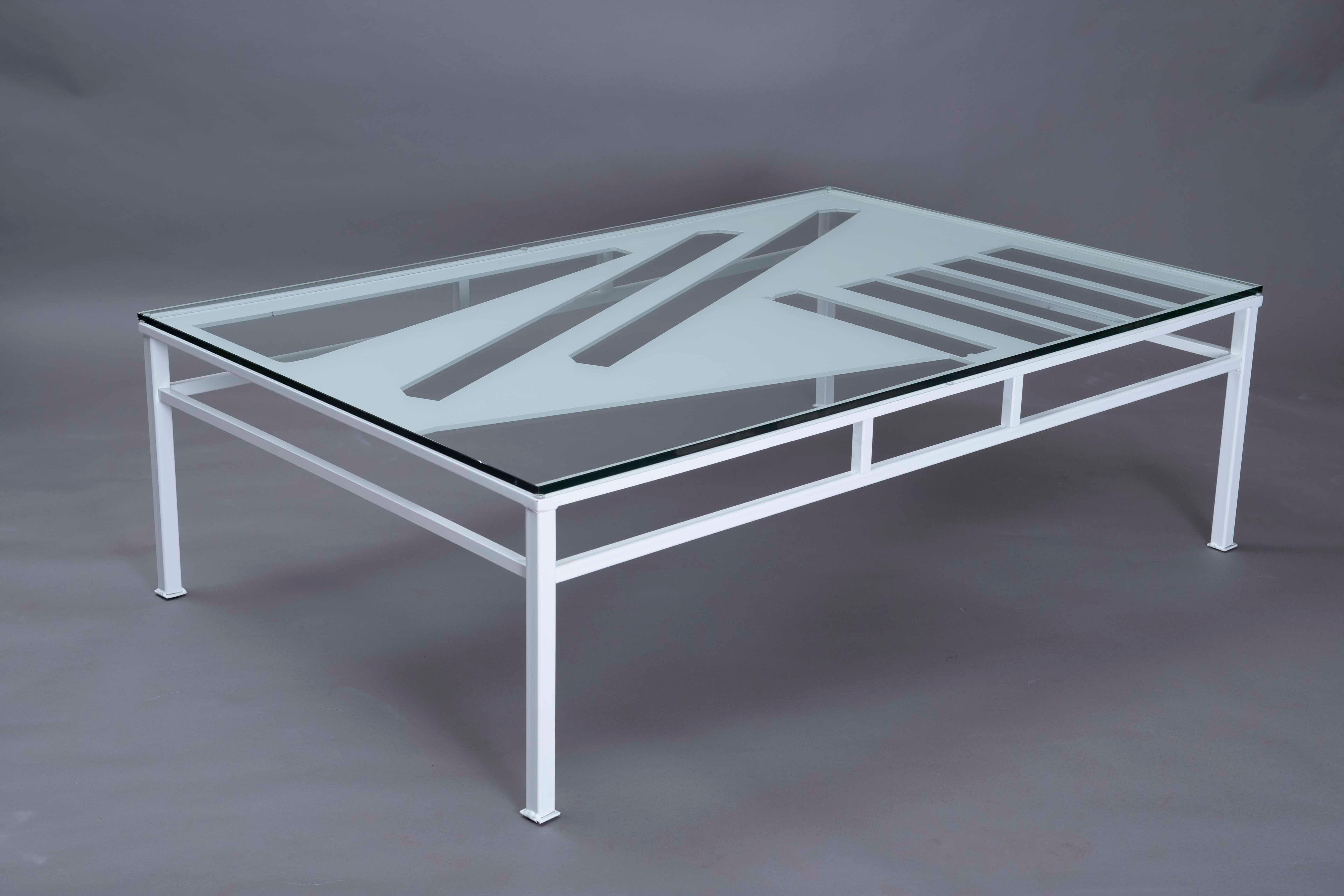 Metal and Glass Modern Minimal One Of A Kind White Rectangular Coffee Table For Sale 1