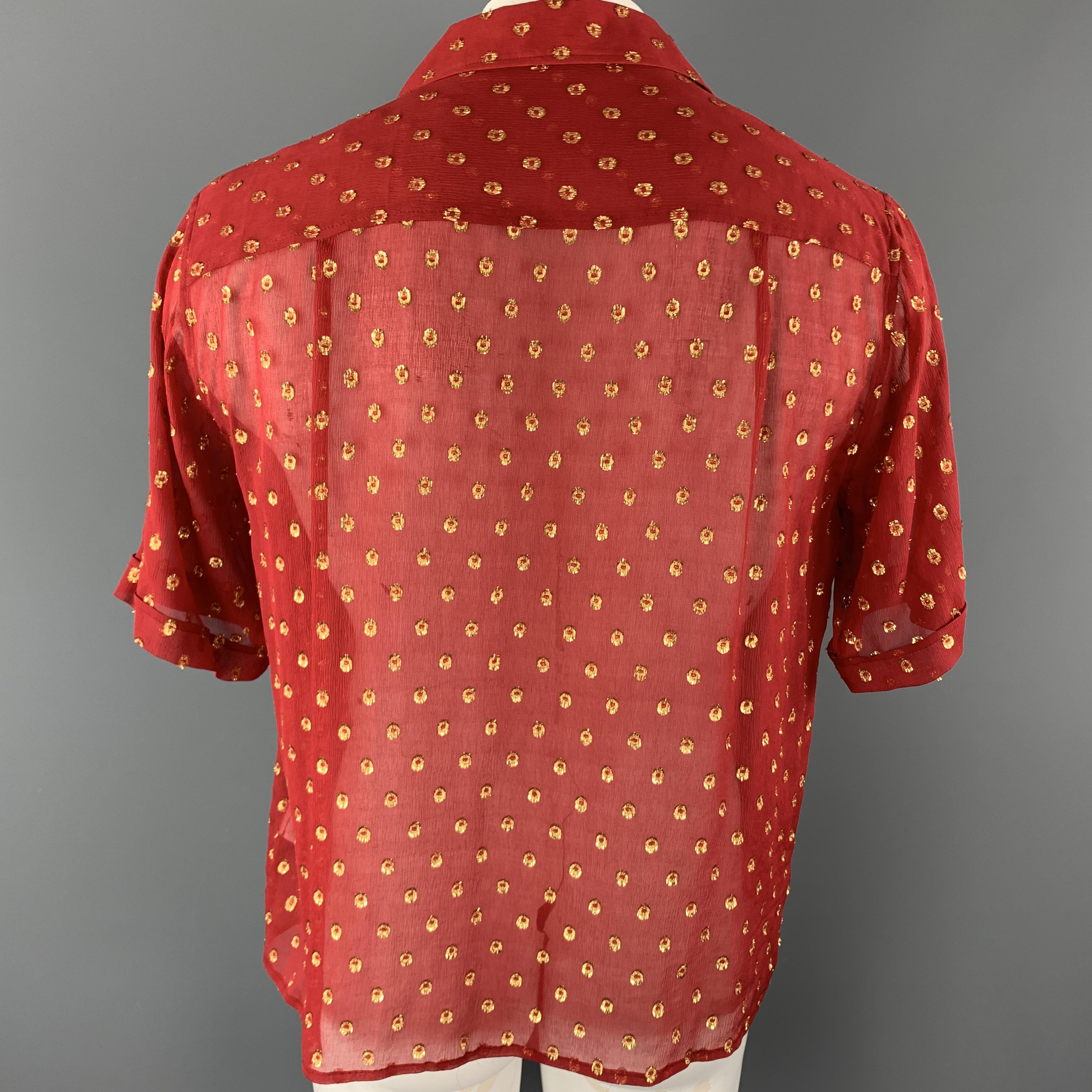 GmbH Size L Red Metallic Gold Spotted Silk Chiffon Short Sleeve Shirt 1