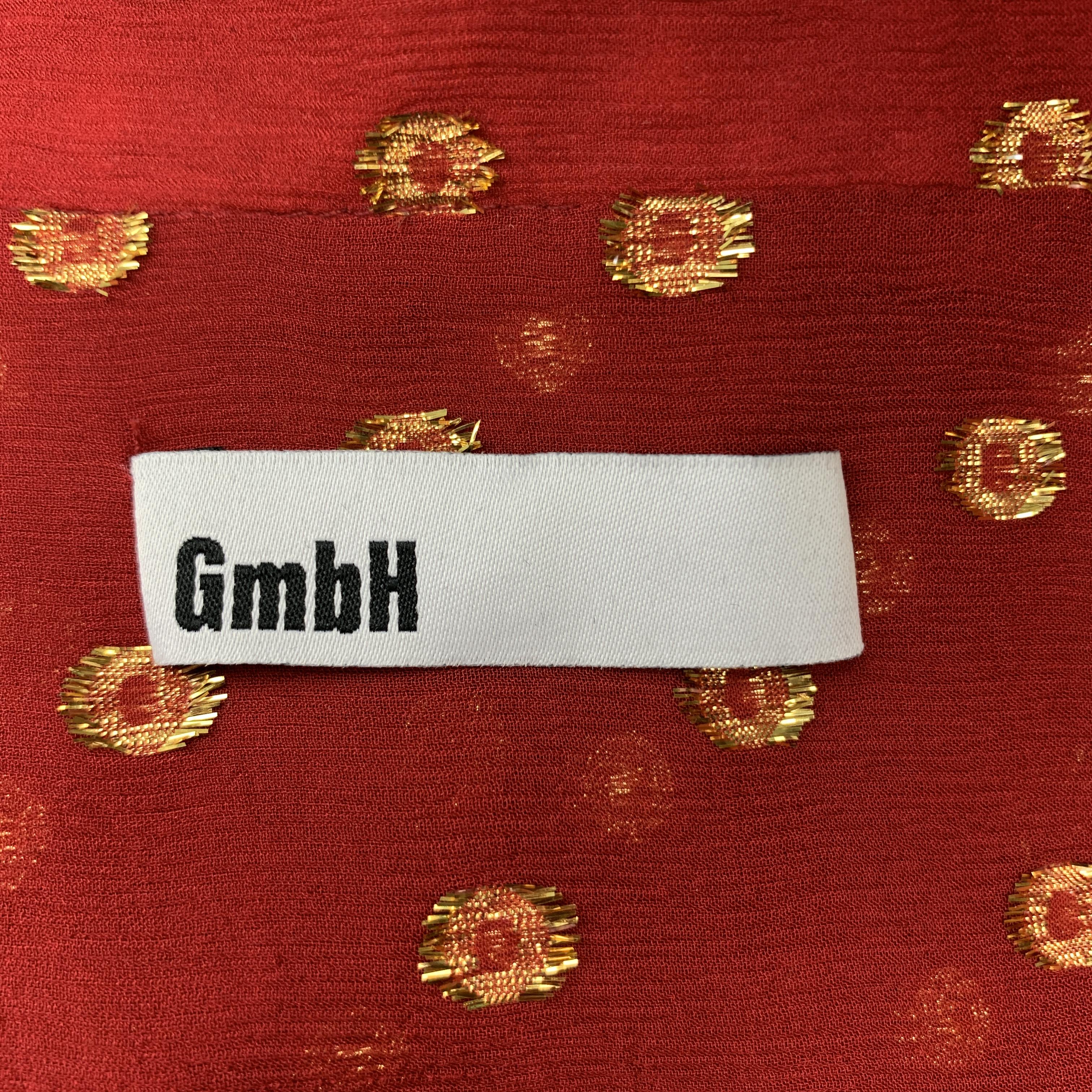 GmbH Size L Red Metallic Gold Spotted Silk Chiffon Short Sleeve Shirt 2