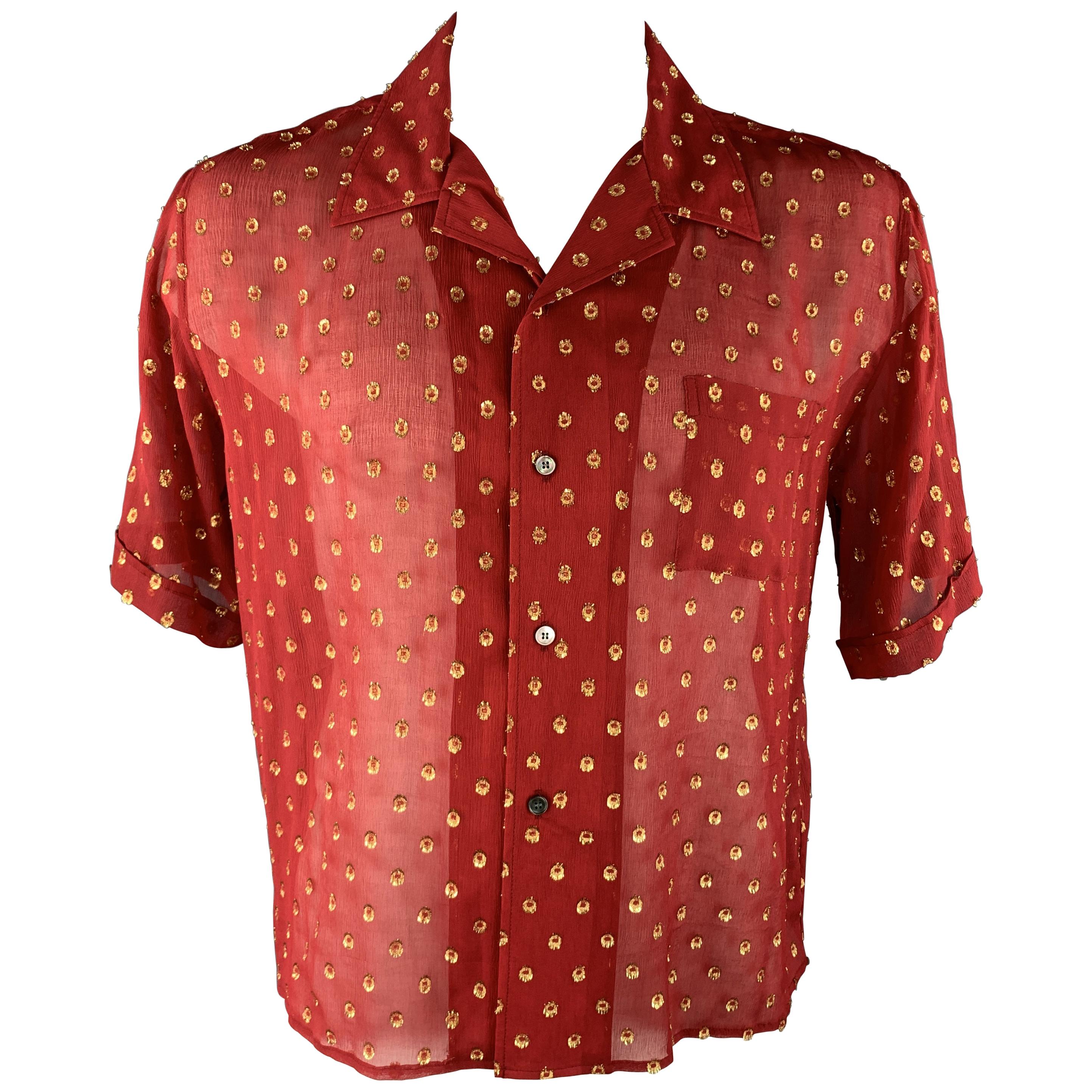 GmbH Size L Red Metallic Gold Spotted Silk Chiffon Short Sleeve Shirt