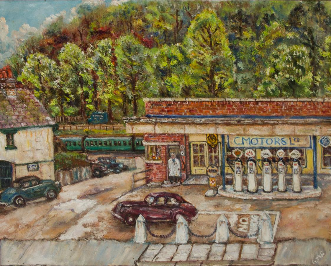 G.M.C. – kunstvoll gerahmtes Ölgemälde, Mitte des 20. Jahrhunderts, an der Petrolstation 1